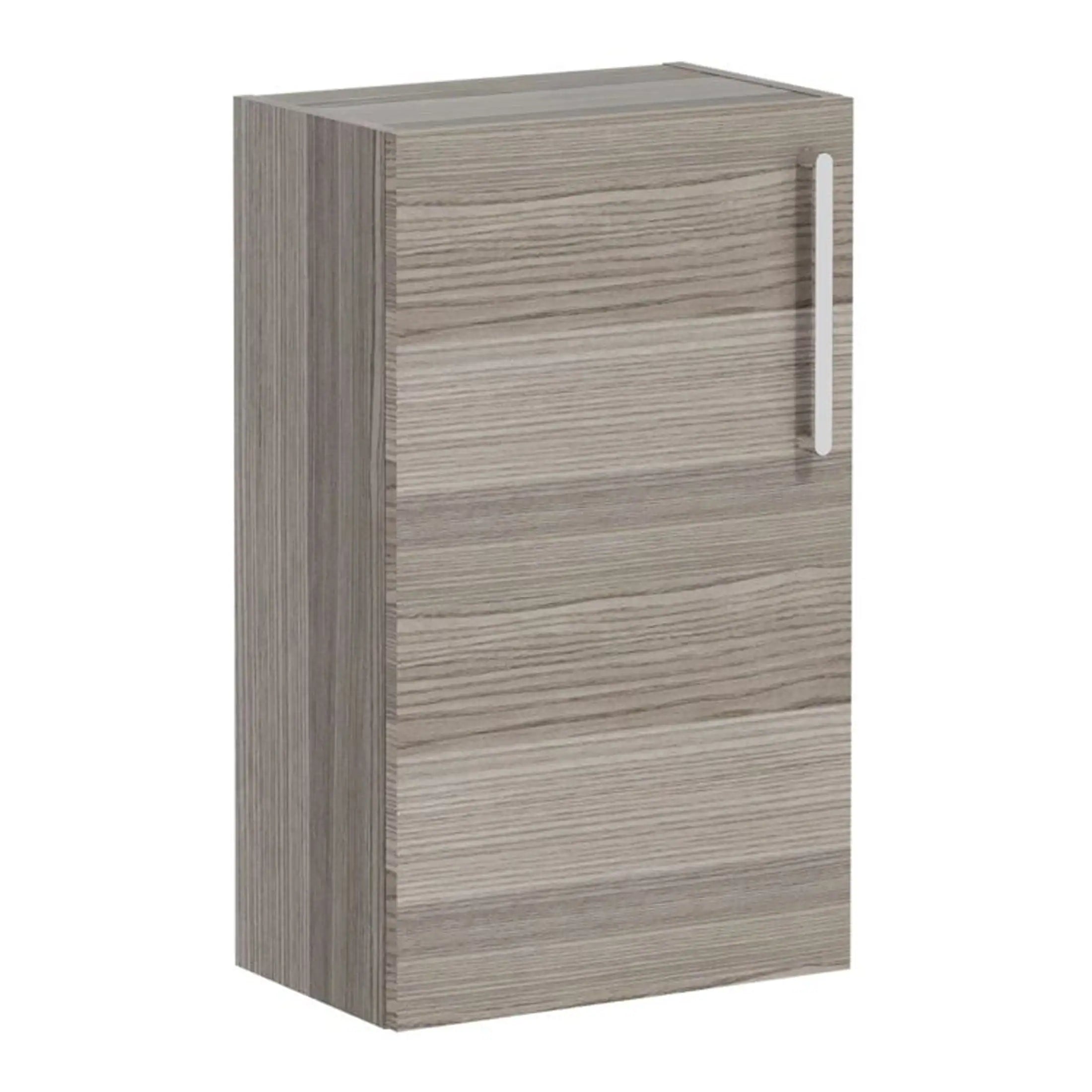 Sleek modern bathroom storage cabinet with wood grain finish and white handle, ideal for organising bathroom essentials in style.