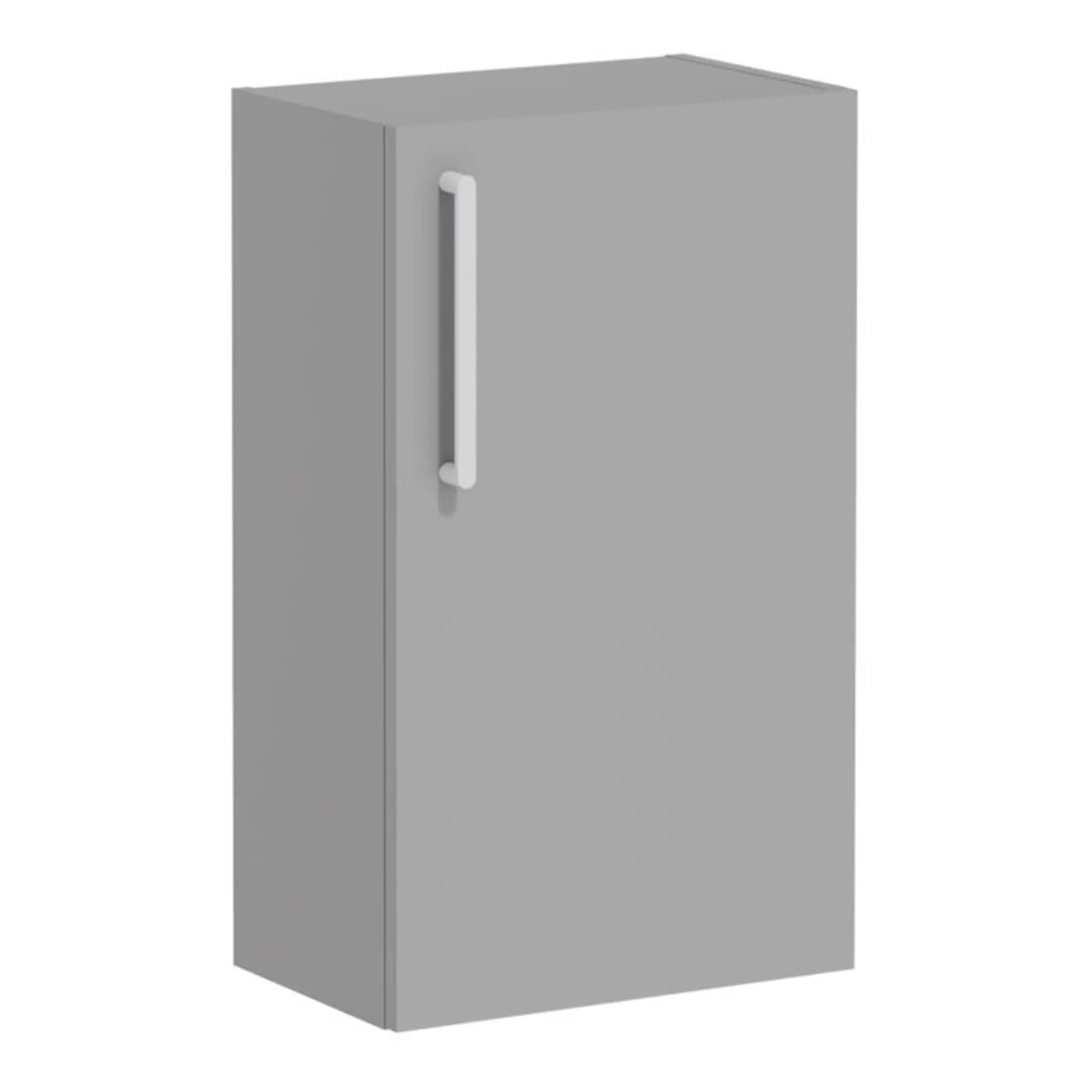 Minimalist grey bathroom storage cabinet with a sleek white vertical handle, ideal for modern bathroom organisation and space-saving solutions.