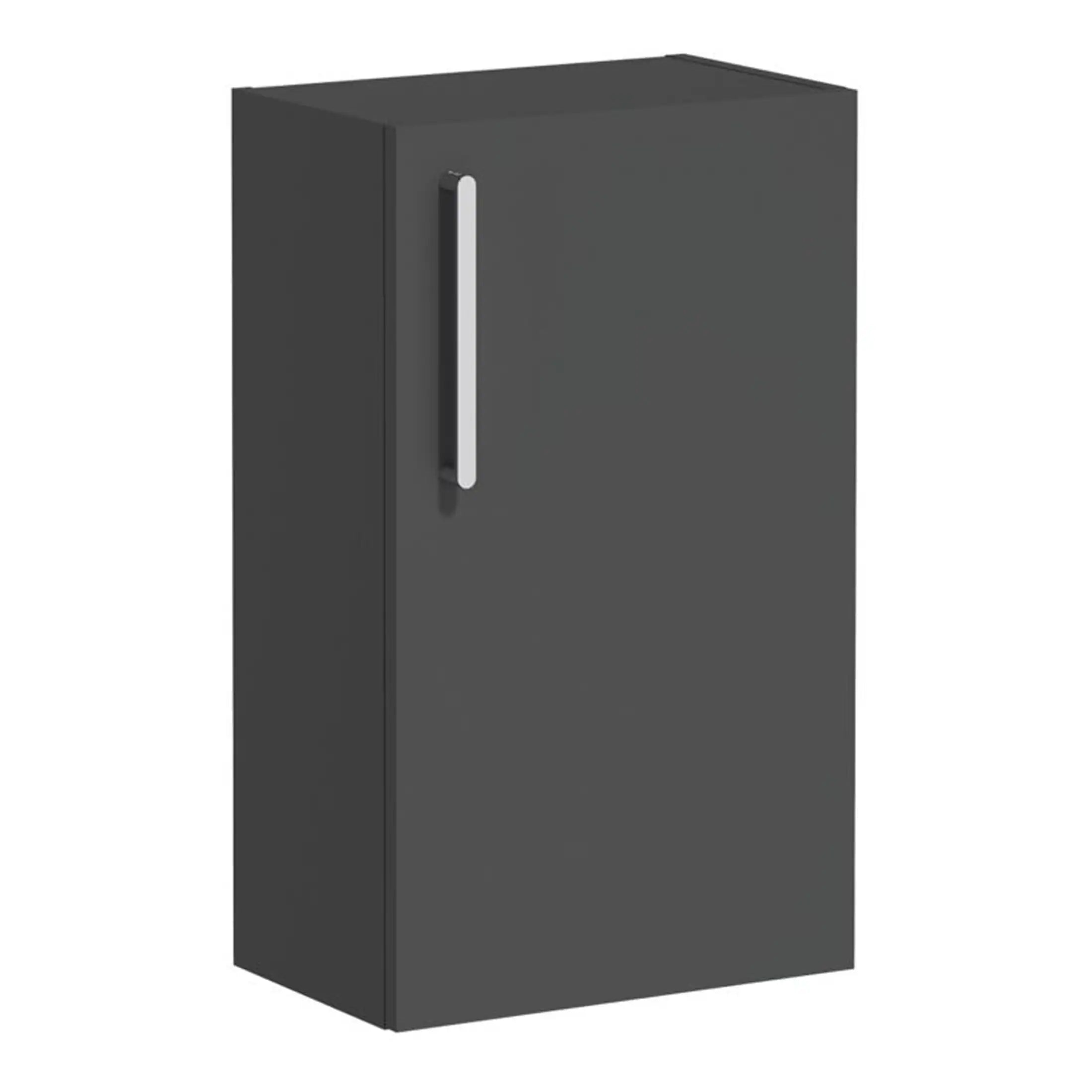 Modern grey bathroom cabinet with a sleek vertical handle, ideal for bathroom storage and decor. Perfect for contemporary bathroom designs, combining functionality and style.