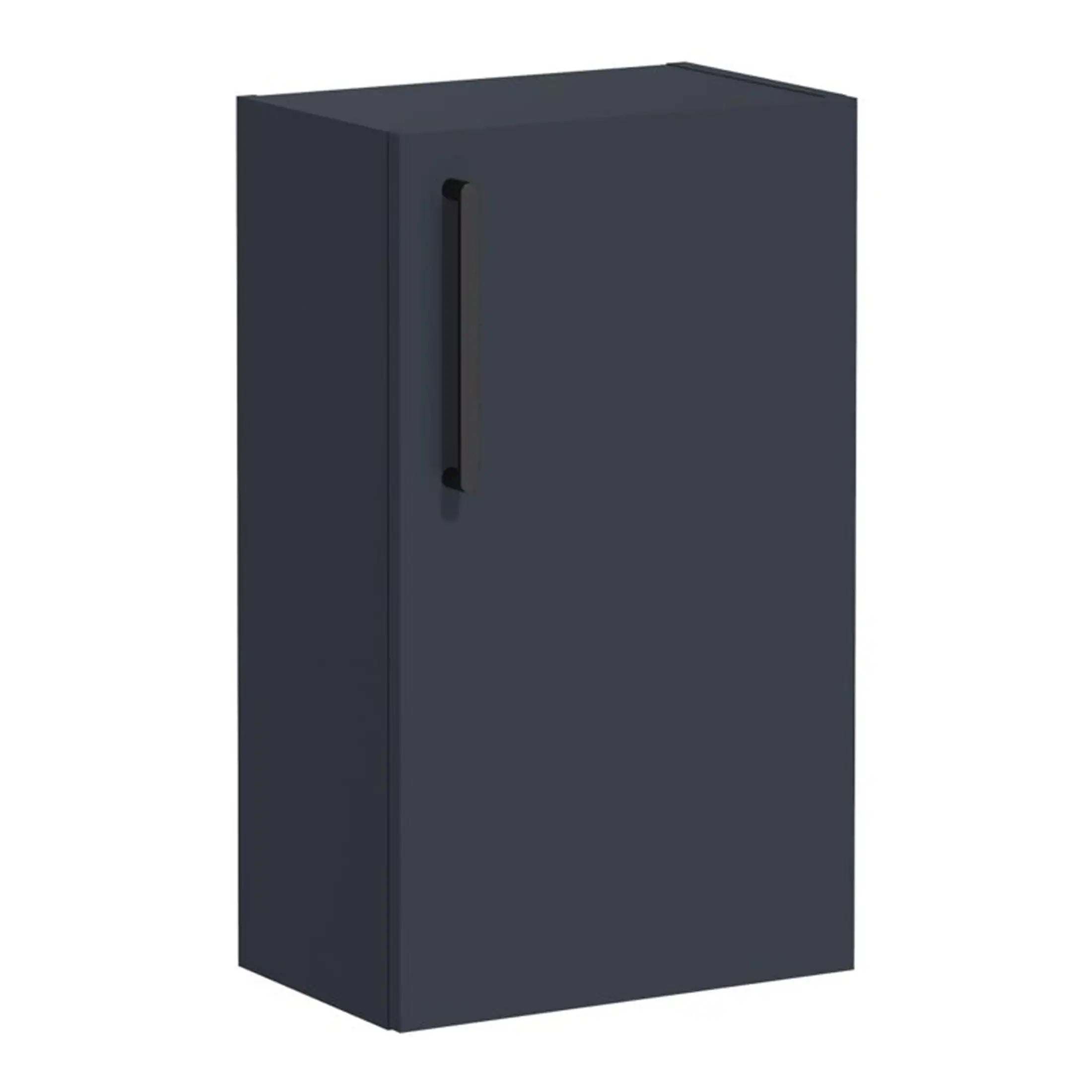 Sleek navy blue bathroom storage cabinet with black handle, modern design, ideal for organising toiletries and bathroom essentials, perfect for contemporary bathroom interiors.