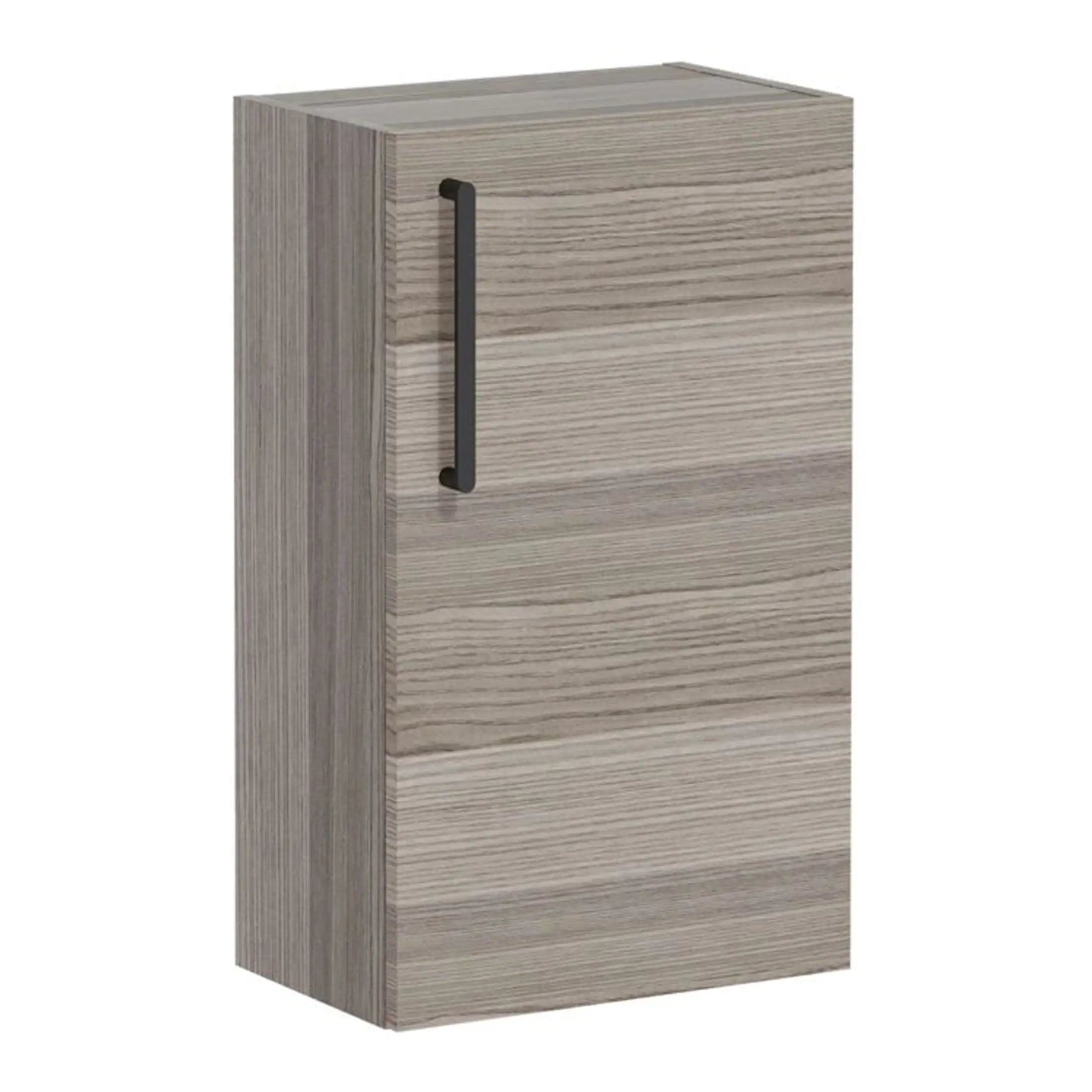 Sleek wooden bathroom cabinet with black handle, modern storage solution for bathrooms, ideal for organising toiletries and essentials in contemporary bathroom designs.