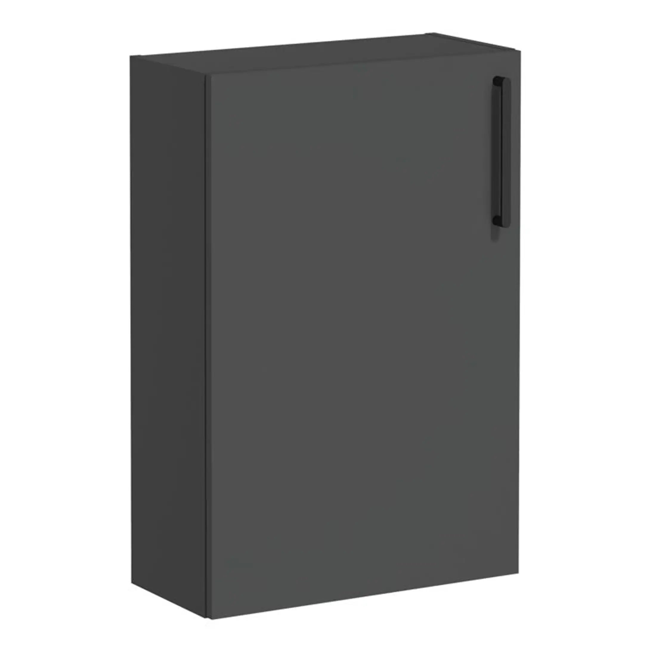 Sleek black bathroom storage cabinet by Bubly Bathrooms with modern handle, ideal for compact bathroom spaces, offering practical organisation and contemporary design.