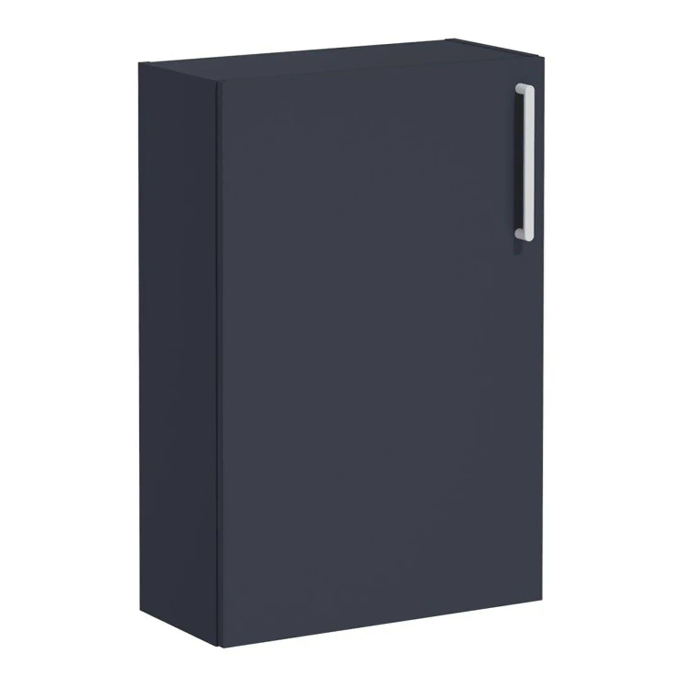 Modern navy bathroom cabinet with sleek silver handle for stylish bathroom storage solutions.