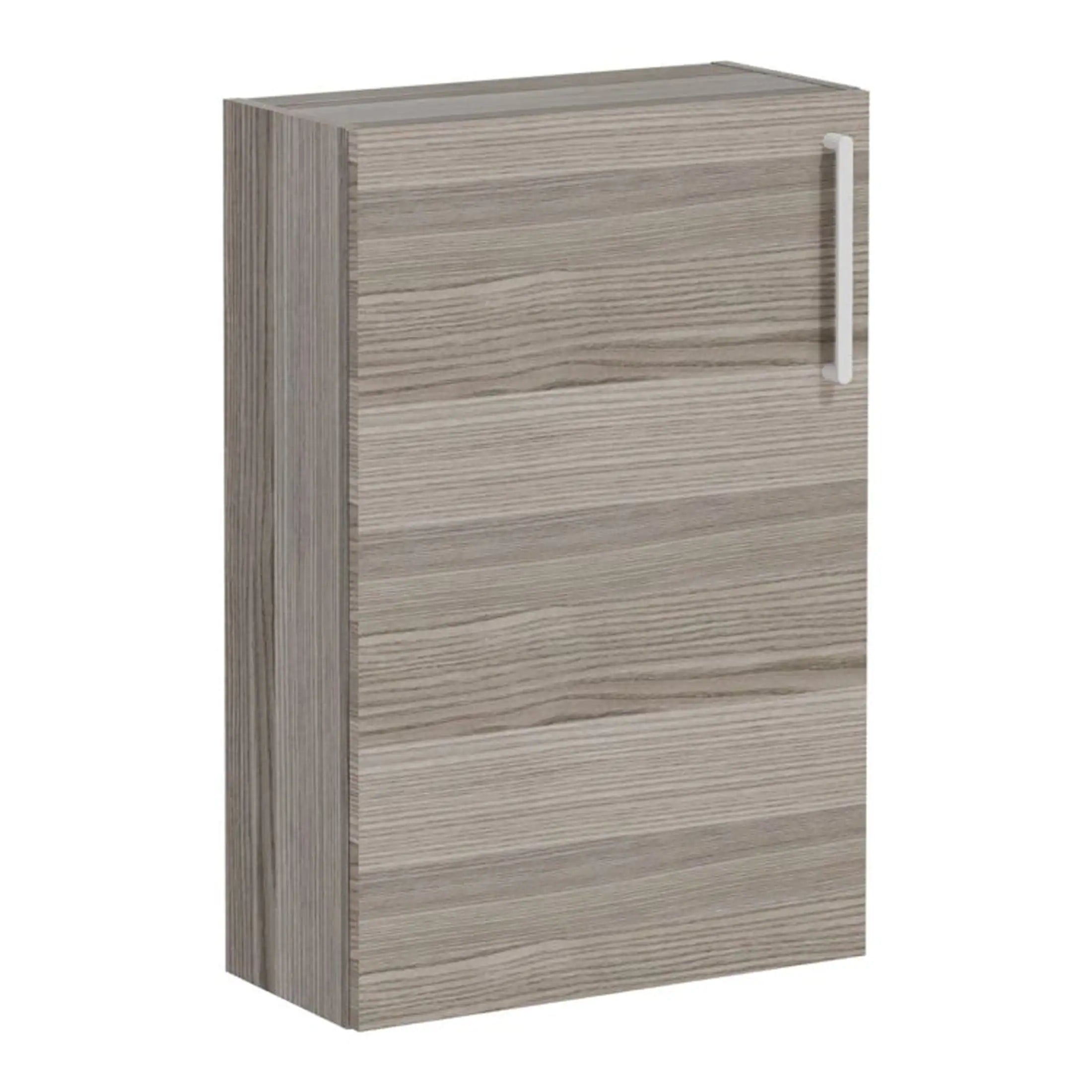 Sleek wood-effect bathroom wall cabinet with white handle, ideal for modern bathroom storage solutions.
