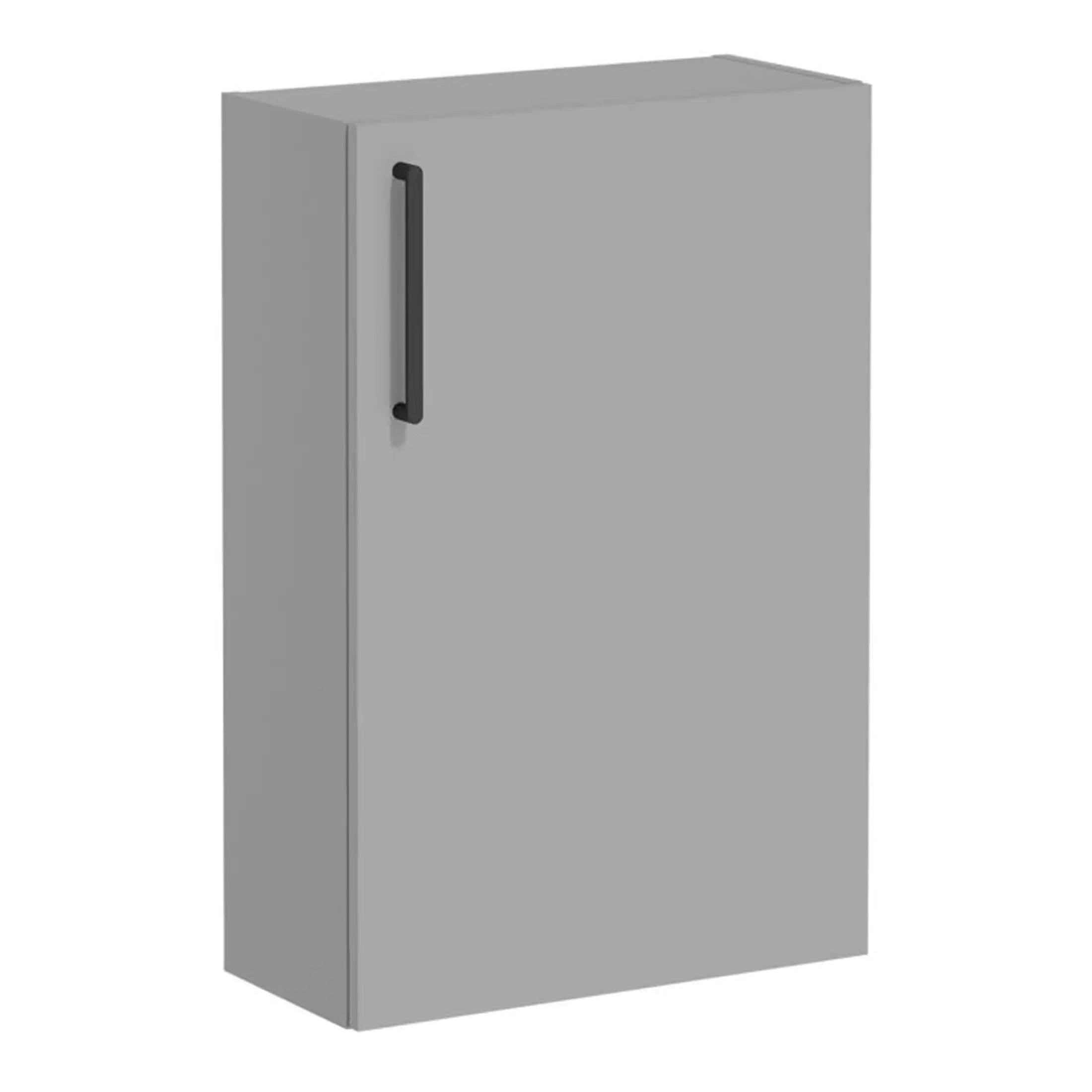 Modern grey bathroom storage cabinet with black handle for contemporary bathroom organisation.