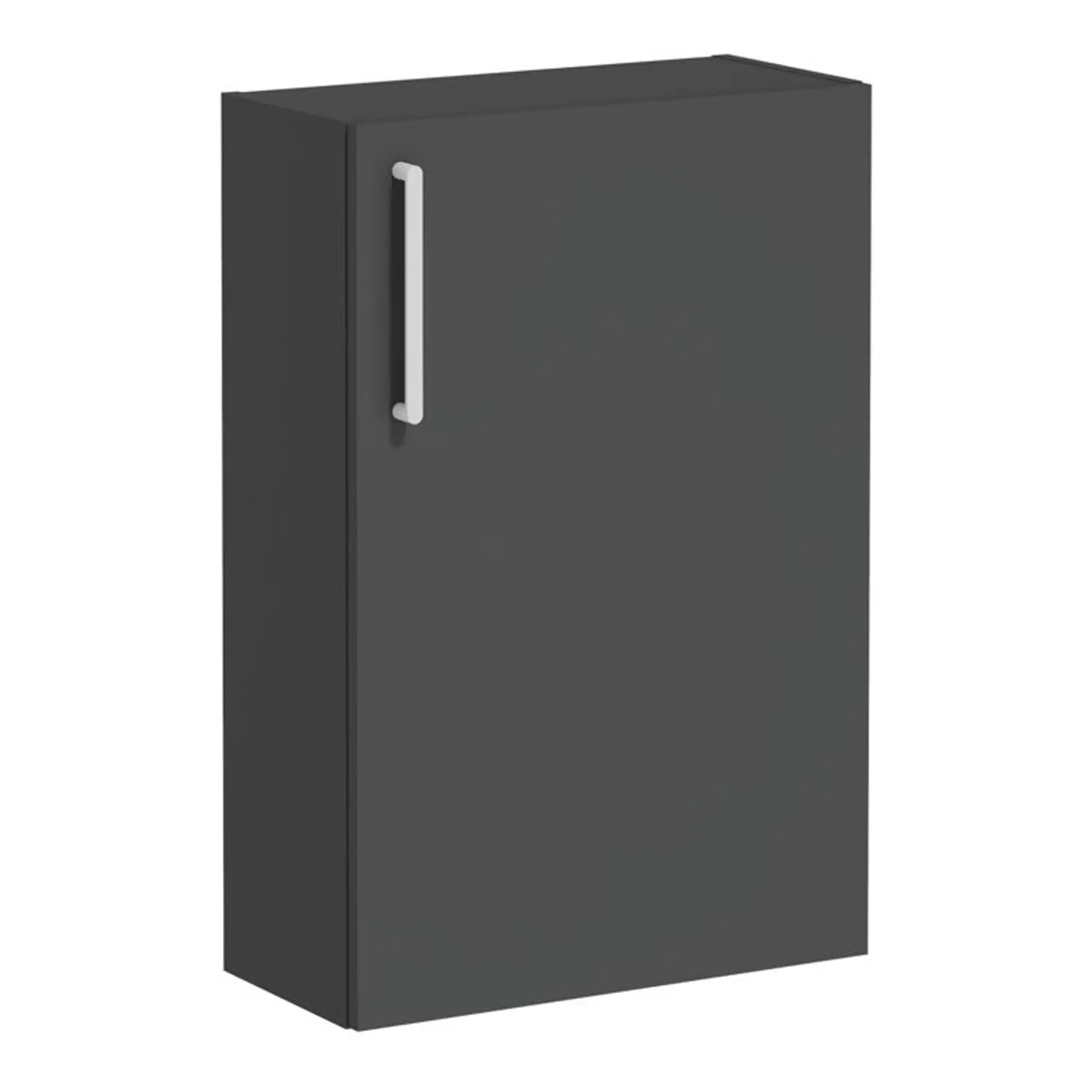 Modern grey bathroom storage cabinet with sleek white handle, ideal for small bathroom organisation and space optimisation.