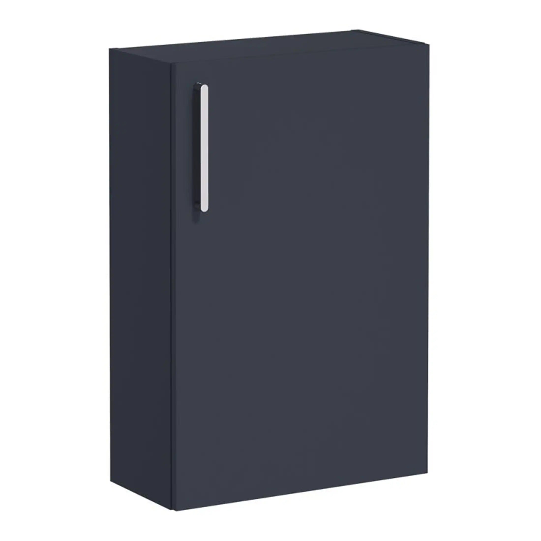 Modern navy bathroom cabinet with sleek vertical handle, ideal for storage solutions in contemporary bathrooms.