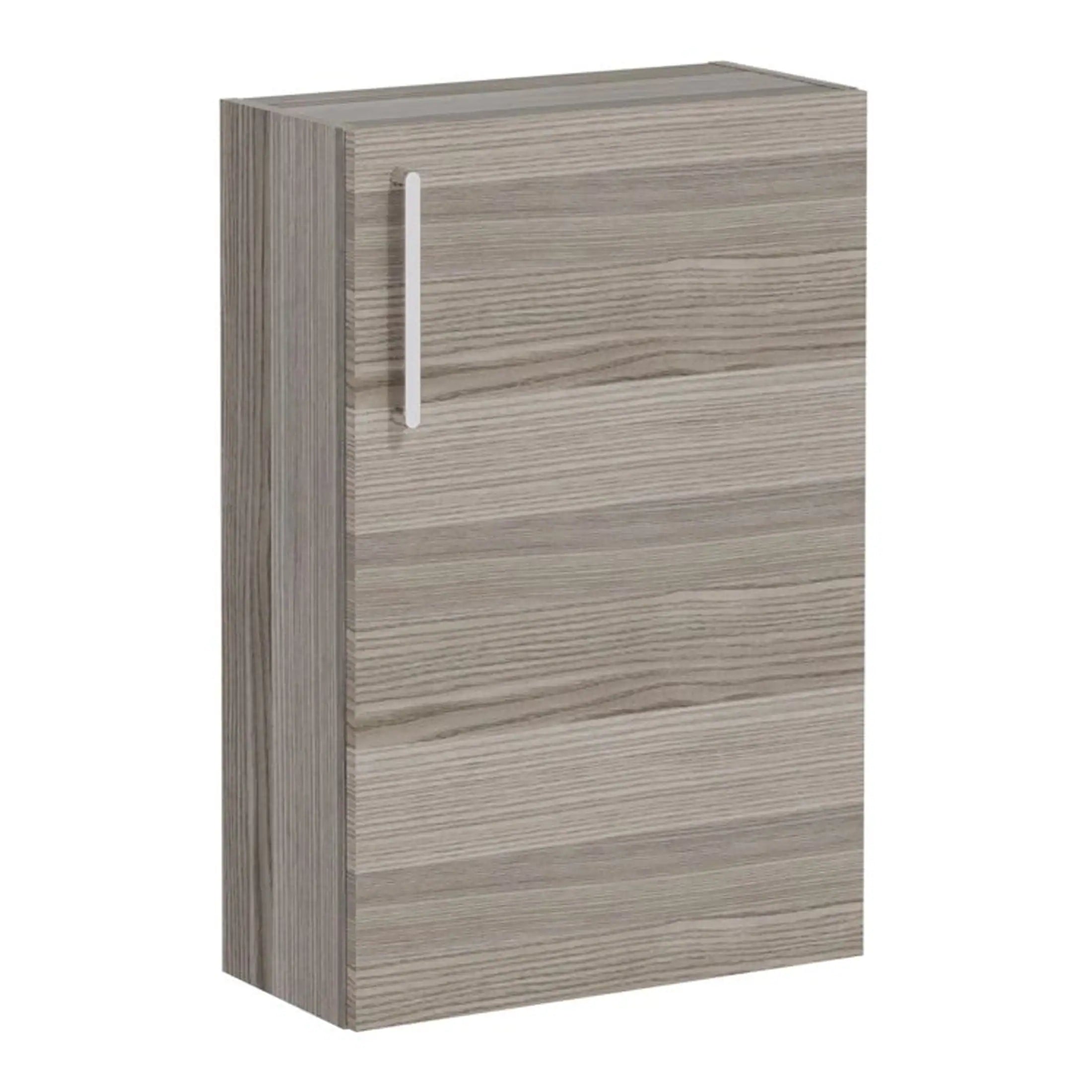 Sleek modern bathroom wall cabinet in light wood finish with minimalist handle, perfect for storage in contemporary bathrooms. Ideal for organising toiletries and accessories.