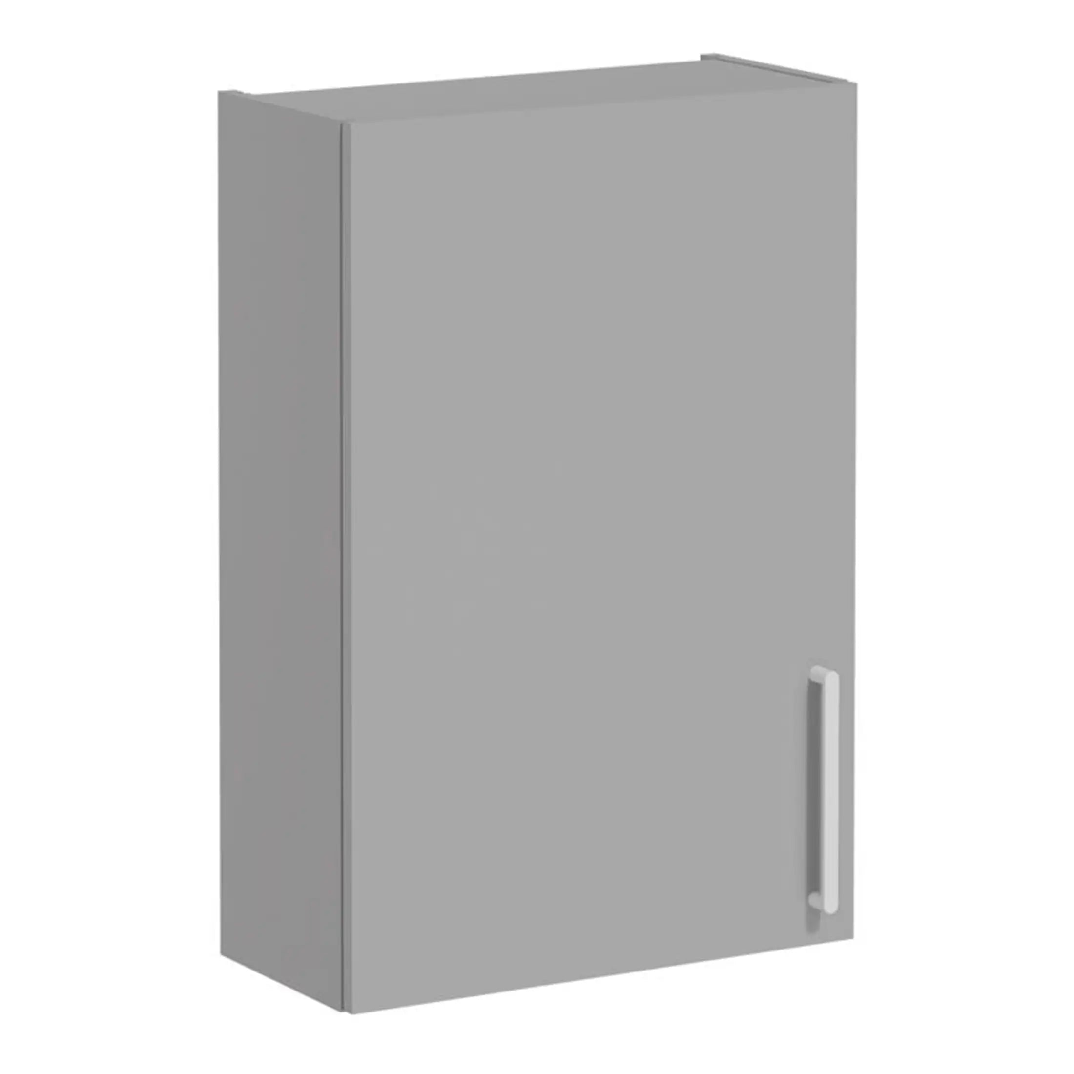 Standard grey bathroom wall cabinet with sleek handle for storage and organisation. Perfect for modern bathroom decor and space-saving solutions.
