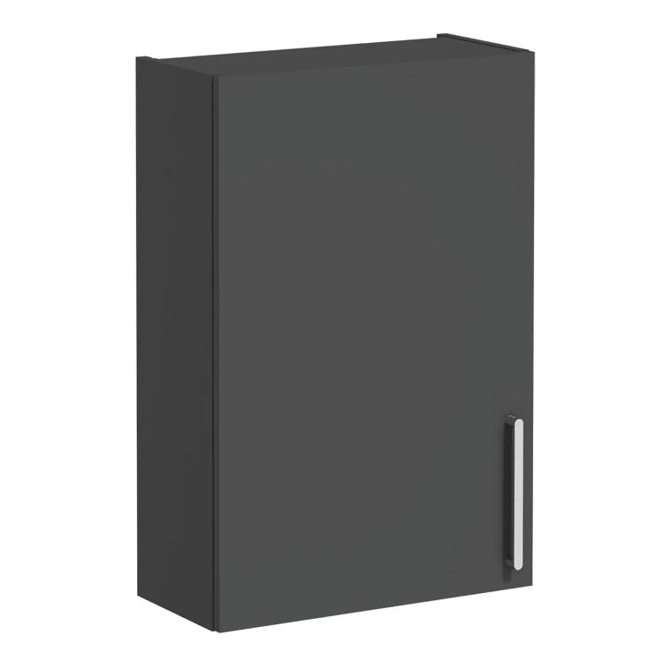 Sleek dark grey bathroom storage cabinet with a modern vertical silver handle, ideal for organised bathroom and utility room storage solutions.