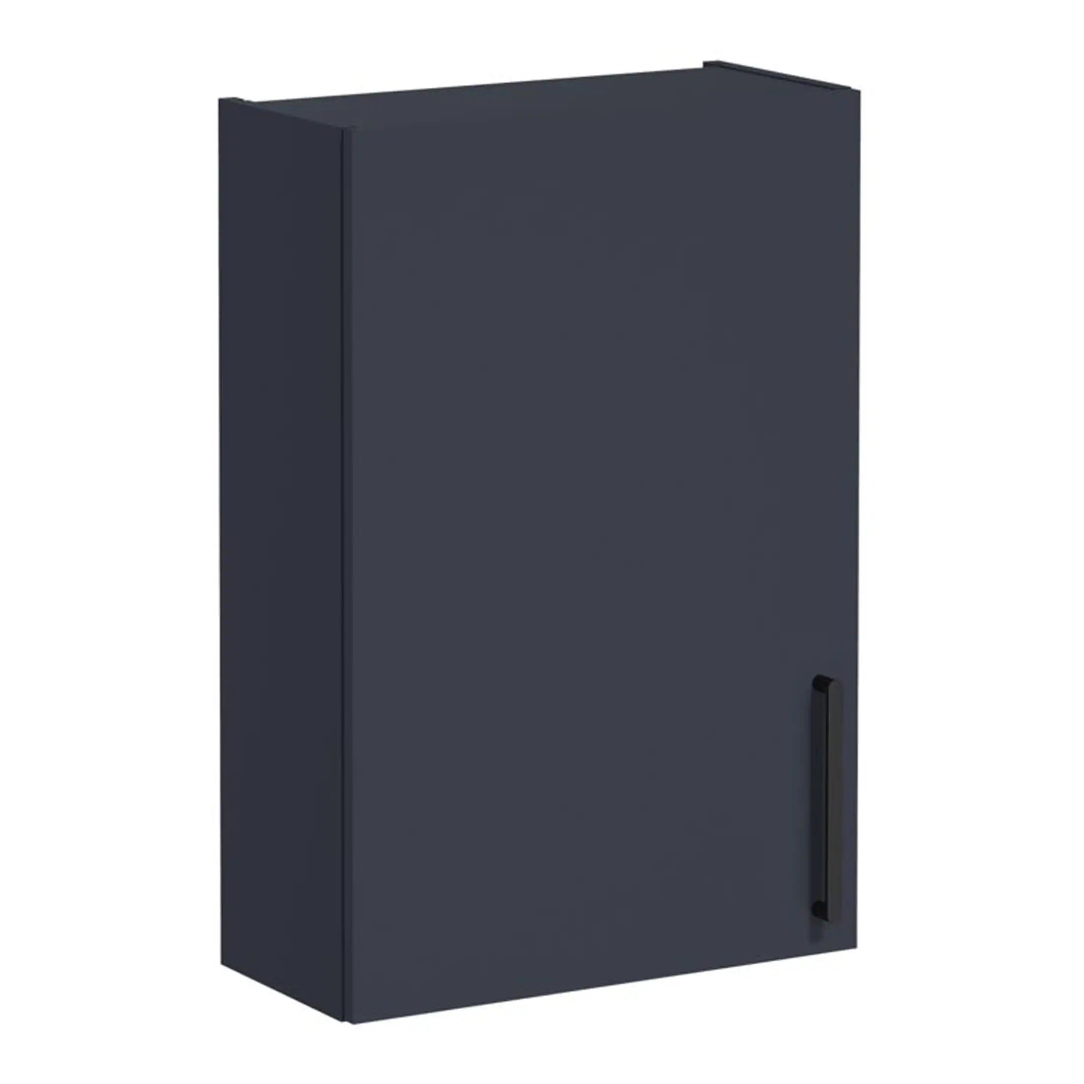 Contemporary bathroom storage cabinet in navy blue with sleek black handle, designed for modern bathrooms, combining style and functionality.