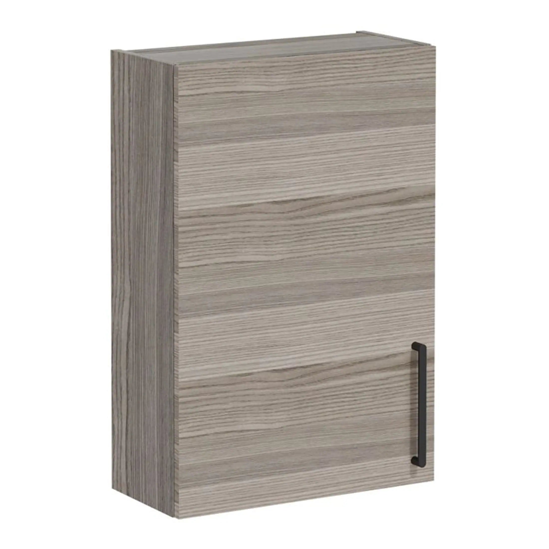 Sleek modern bathroom wall cabinet in light wood finish with black handle for stylish storage solutions.