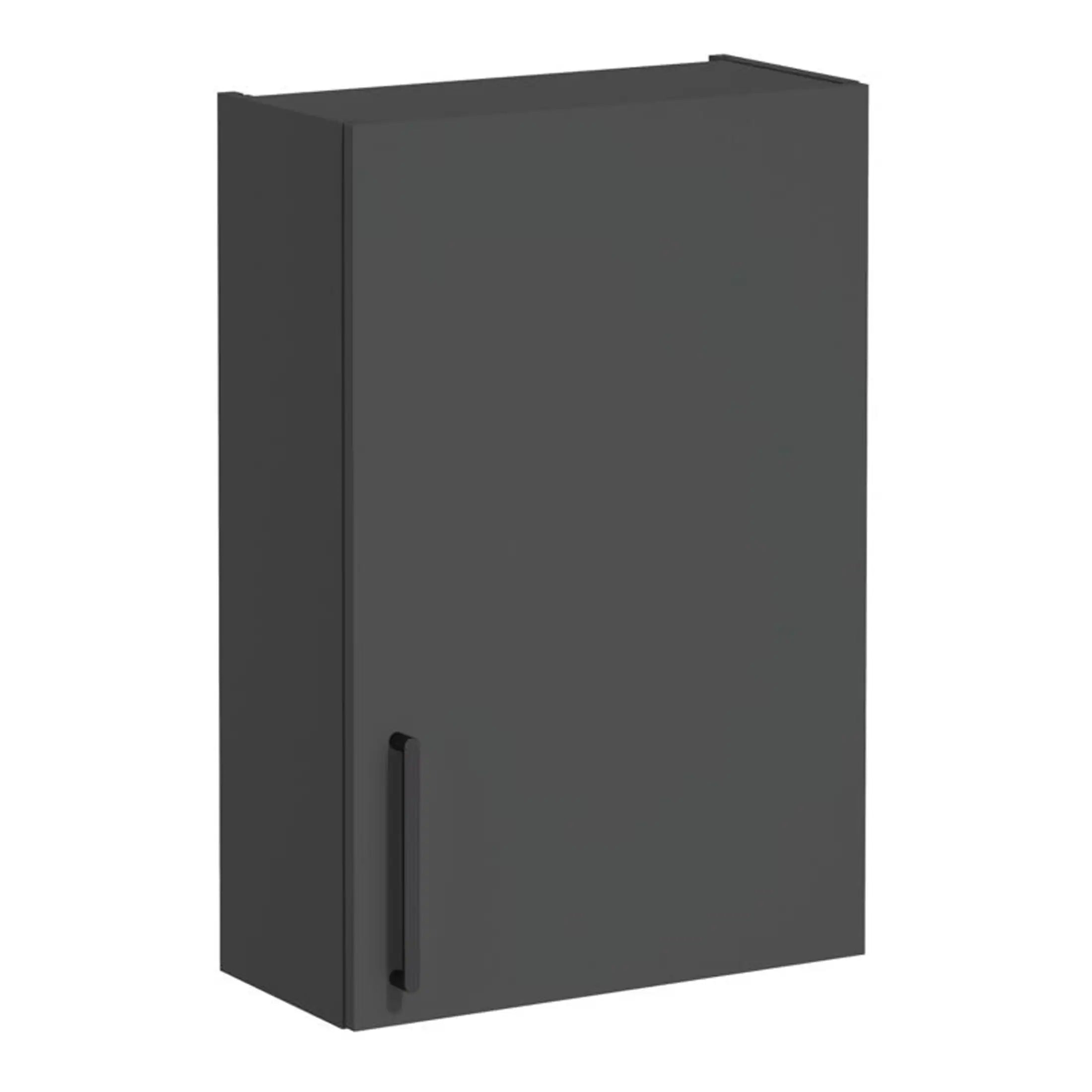 Sleek dark grey bathroom storage cabinet with minimalistic black handle, perfect for modern bathroom organisation and space-saving solutions.