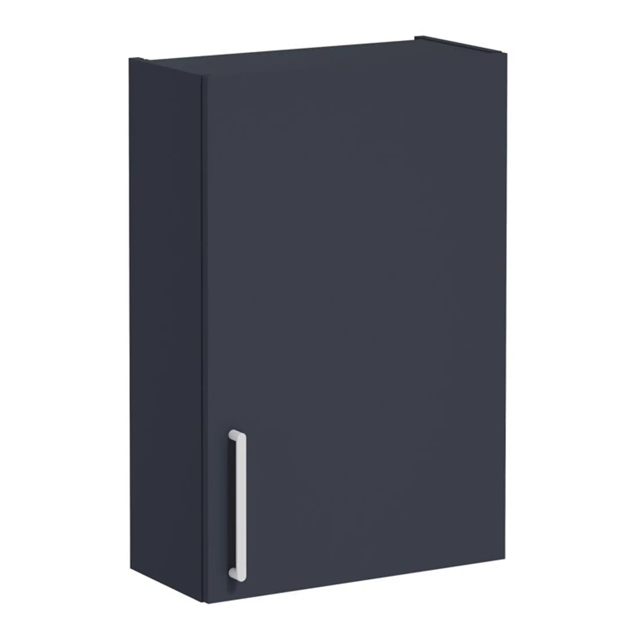 Powder coated navy bathroom wall cabinet with vertical handle for storage.