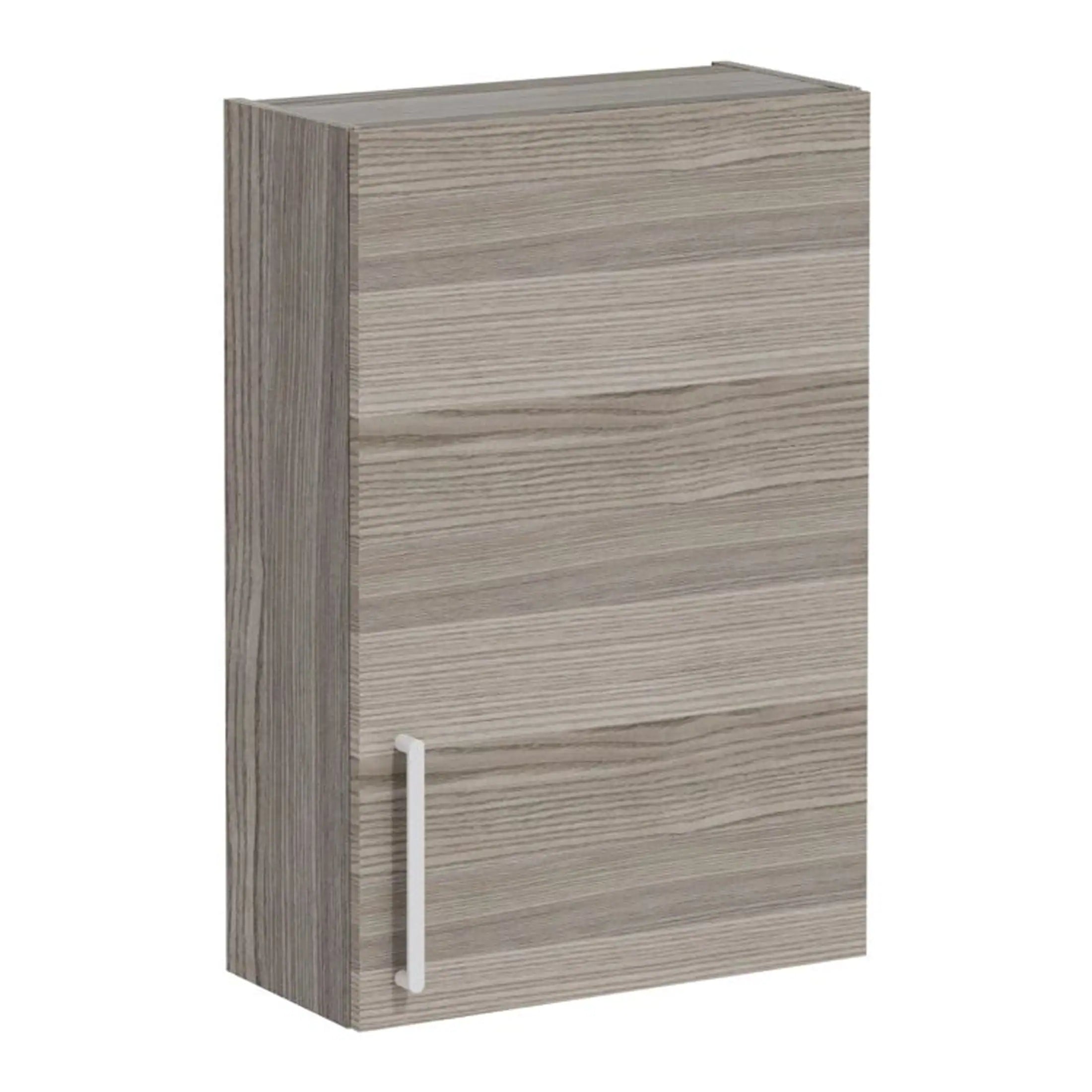 Stylish modern bathroom cabinet with wood grain finish and white handle, perfect for bathroom storage and organisation. Designed by Bubly Bathrooms for contemporary bathroom spaces.