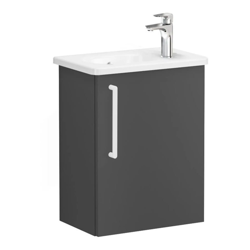 Stylish bathroom vanity unit with sink and chrome tap, featuring a sleek dark grey finish and modern handle design, ideal for contemporary bathroom decoration.