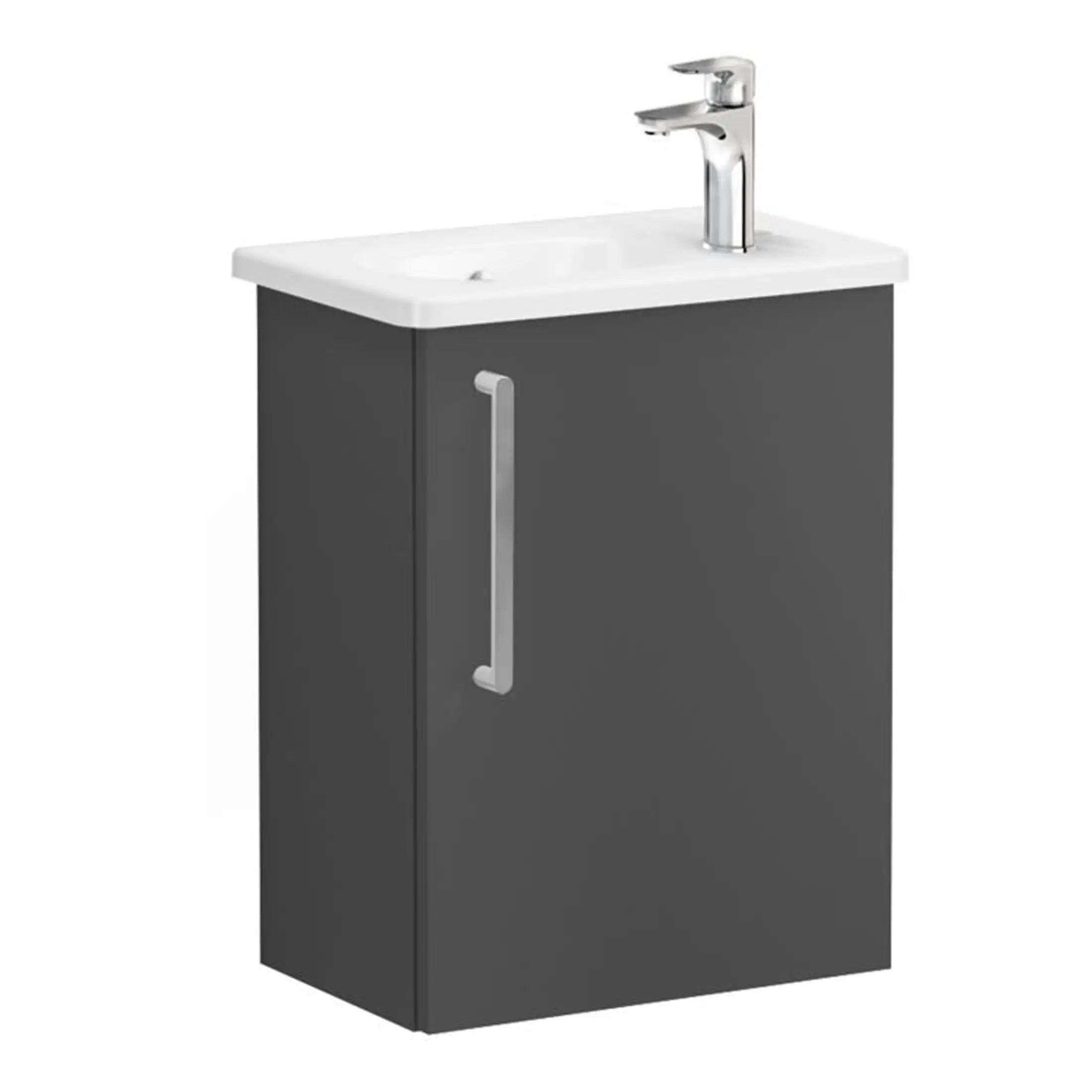 Modern bathroom vanity with a sleek grey cabinet and white ceramic sink, featuring a chrome faucet and handle, ideal for contemporary bathroom renovation and stylish washbasin installations.