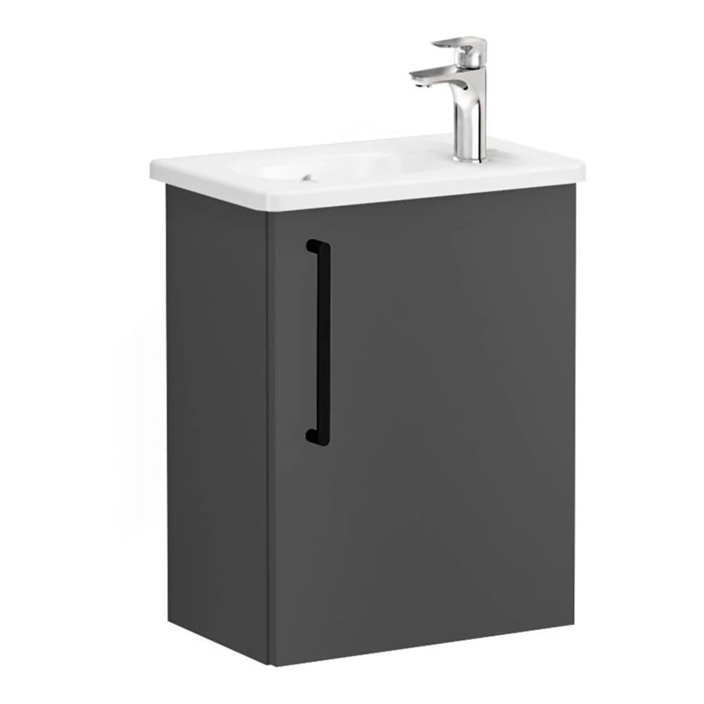 Modern bathroom vanity unit with a white countertop and silver tap for stylish bathroom refurbishment.