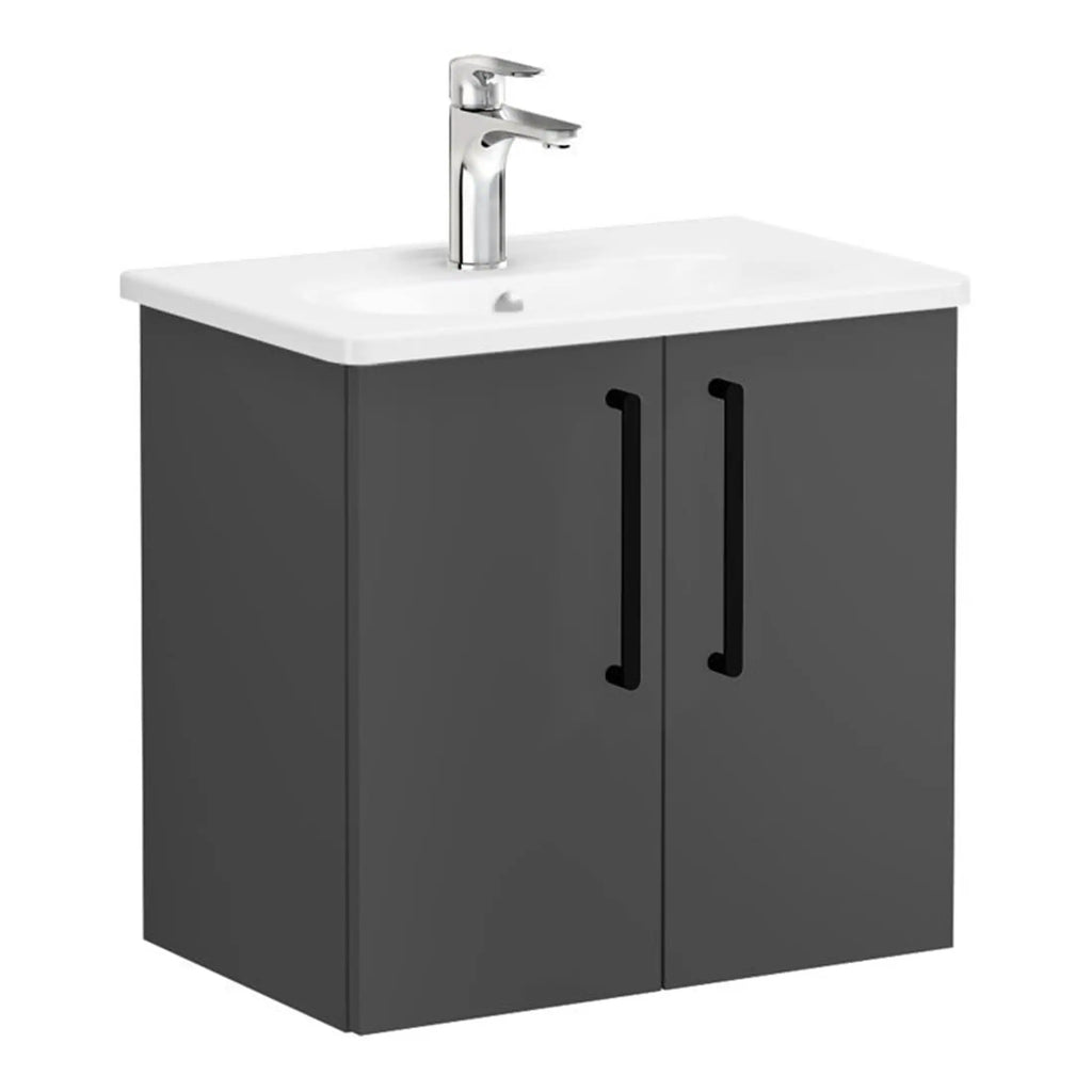 Sleek bathroom vanity unit with a modern rectangular white sink and chrome tap, featuring dark grey doors with black handles, ideal for contemporary bathrooms and bathroom furniture.
