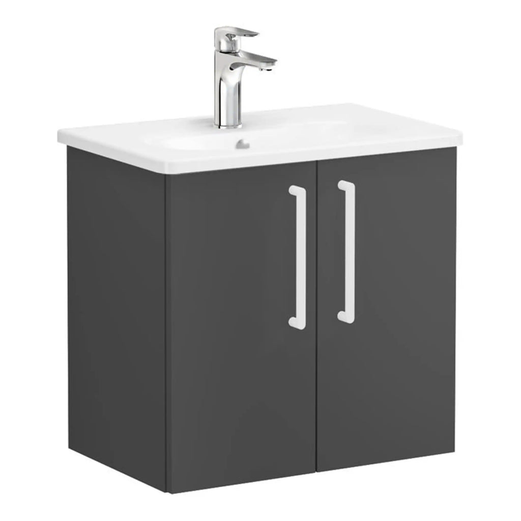 Contemporary bathroom vanity with grey cabinet and white sink, featuring sleek handles and modern chrome tap, ideal for stylish bathroom renovation.