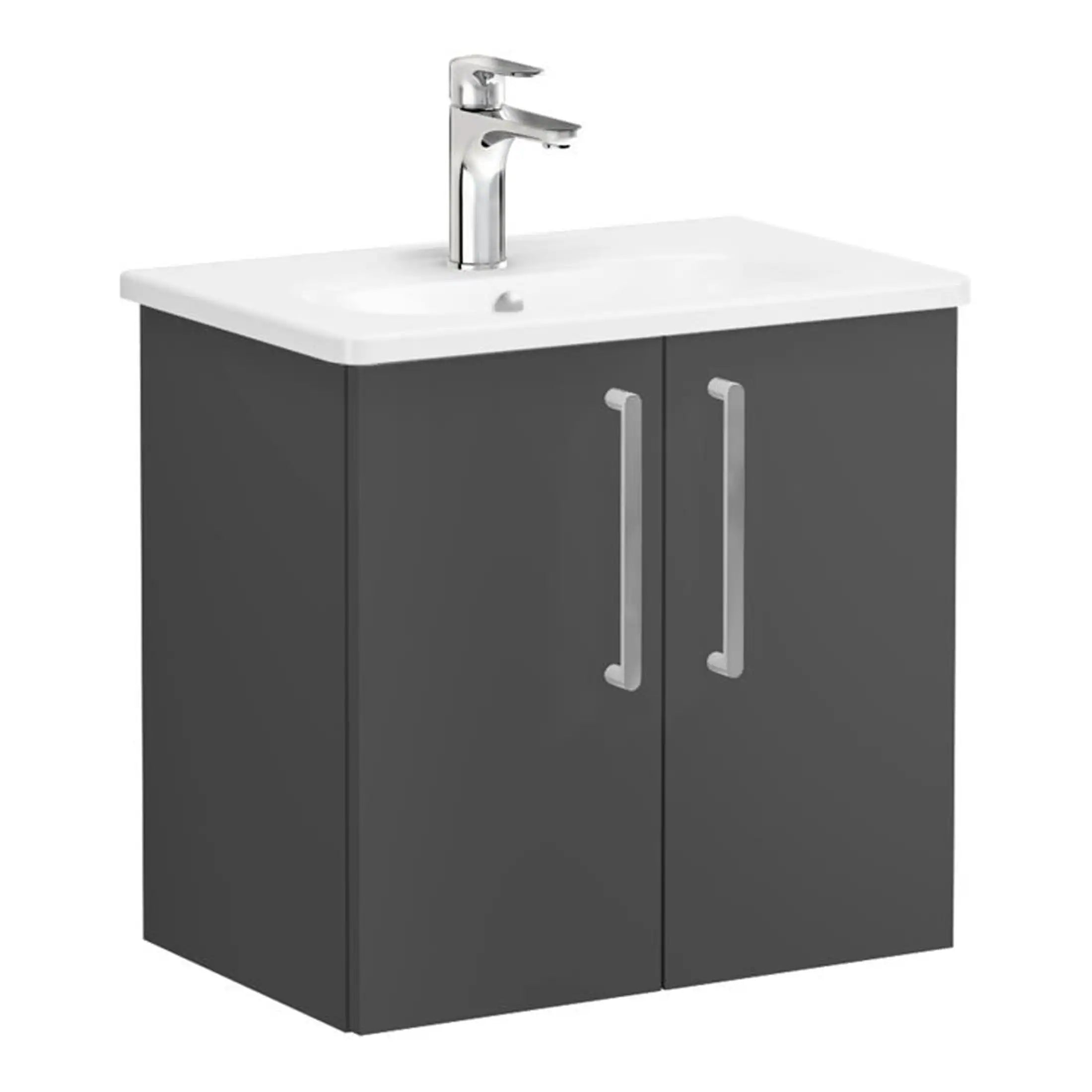 Sleek modern bathroom vanity with grey cabinet and white countertop featuring built-in sink and chrome faucet, ideal for contemporary bathroom renovations.