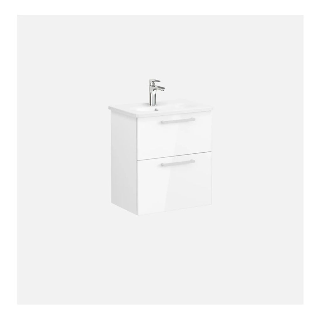 Modern white bathroom vanity unit with integrated sink and chrome tap, ideal for contemporary bathroom designs. Perfect for storage and style.