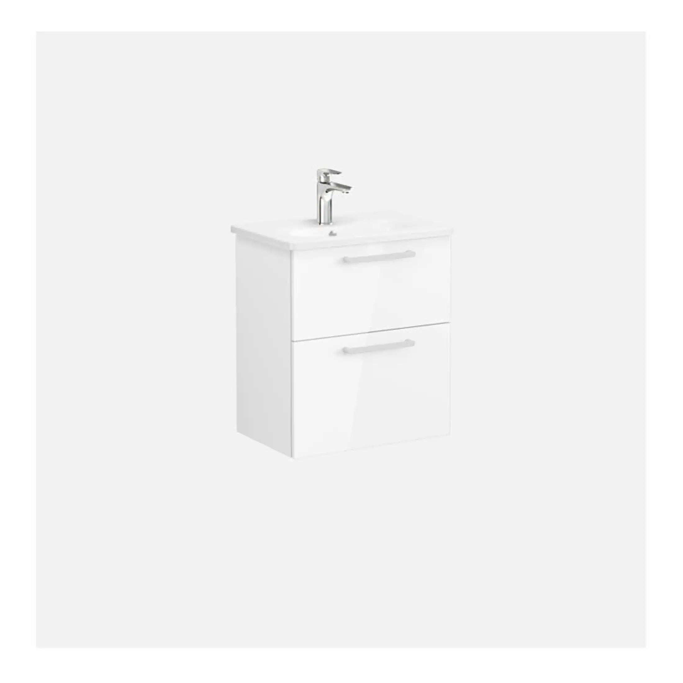 Modern white bathroom vanity unit with integrated sink and chrome tap, ideal for contemporary bathroom designs. Perfect for storage and style.