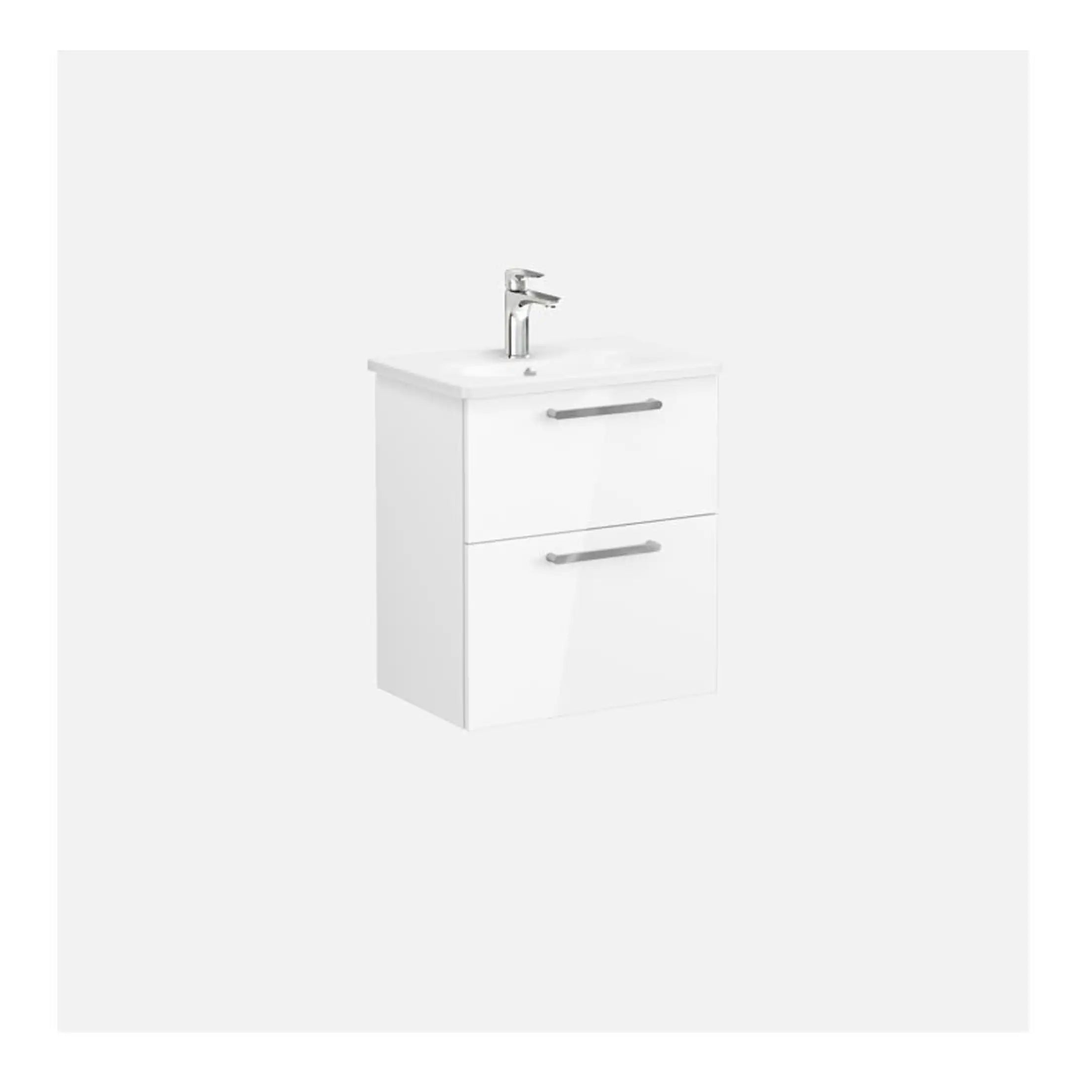 Light grey bathroom vanity unit with sink and chrome handles, modern and functional bathroom furniture, ideal for contemporary bathroom design.