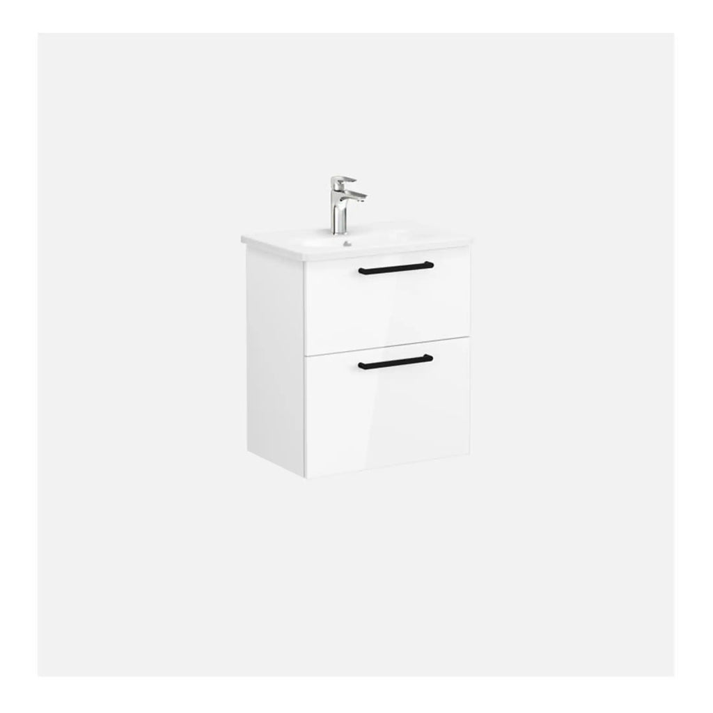 Sleek white bathroom vanity unit with integrated sink and black handles, ideal for modern bathrooms. Features two spacious drawers for additional storage and contemporary design.