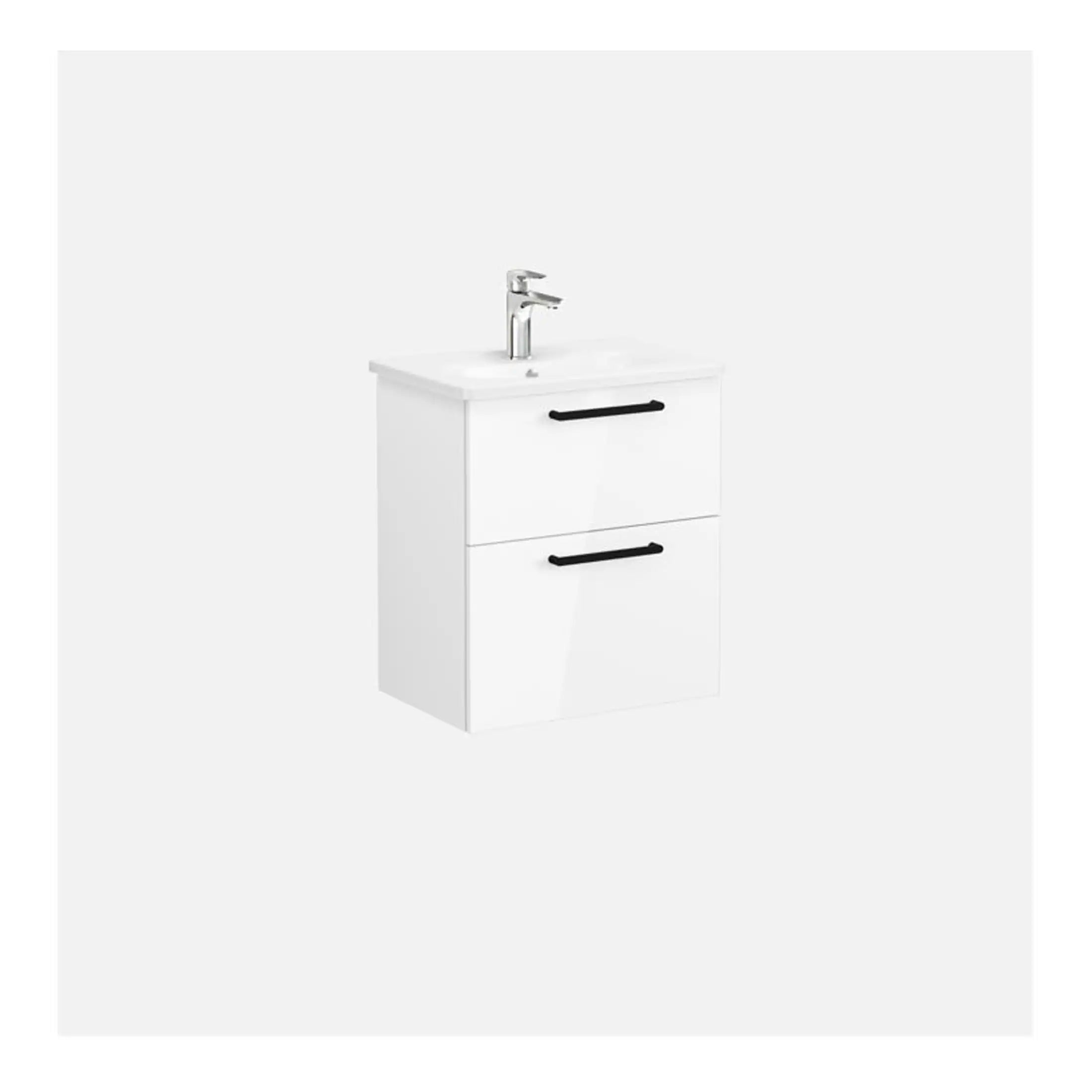 Sleek white bathroom vanity unit with integrated sink and black handles, ideal for modern bathrooms. Features two spacious drawers for additional storage and contemporary design.