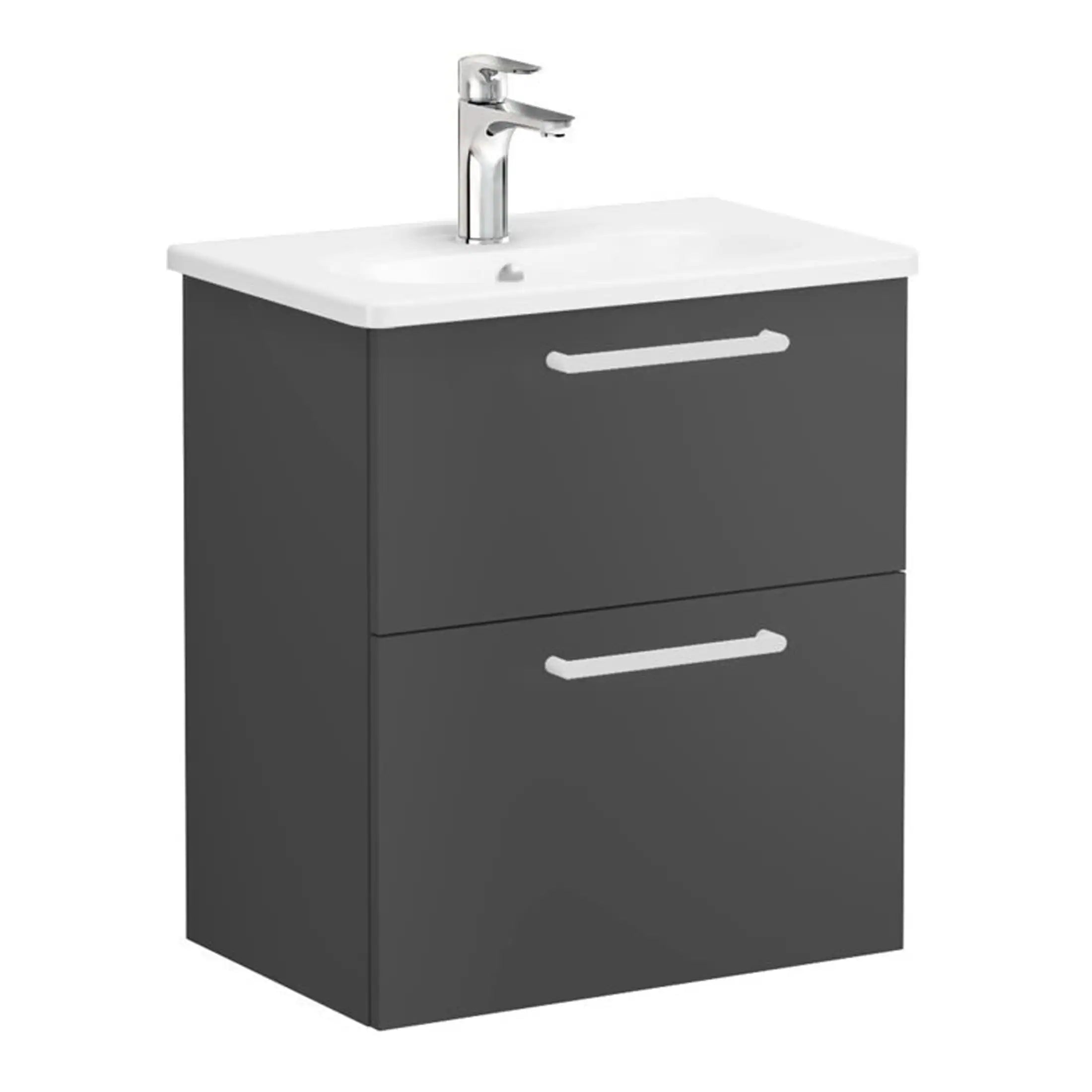 Modern grey bathroom vanity unit with a white ceramic sink and chrome tap, ideal for contemporary bathroom interiors.