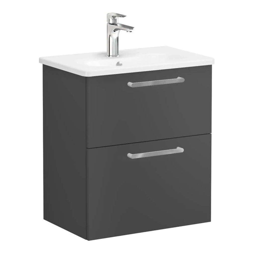 Sleek grey bathroom vanity unit with integrated sink and chrome handle, perfect for modern bathroom designs. Compact storage with two drawers for efficient organisation.