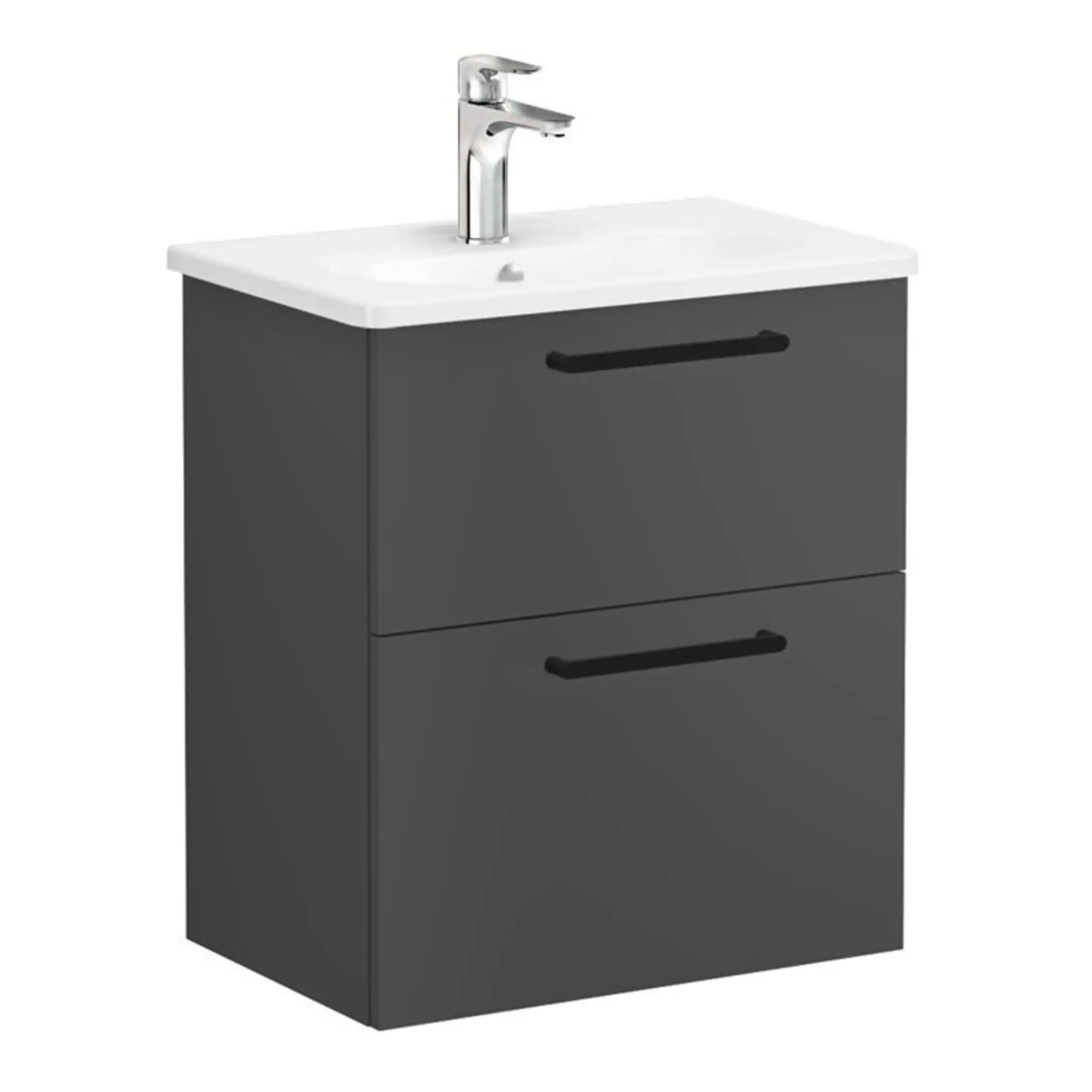 Modern grey bathroom vanity with integrated sink and chrome faucet for contemporary bathroom design.