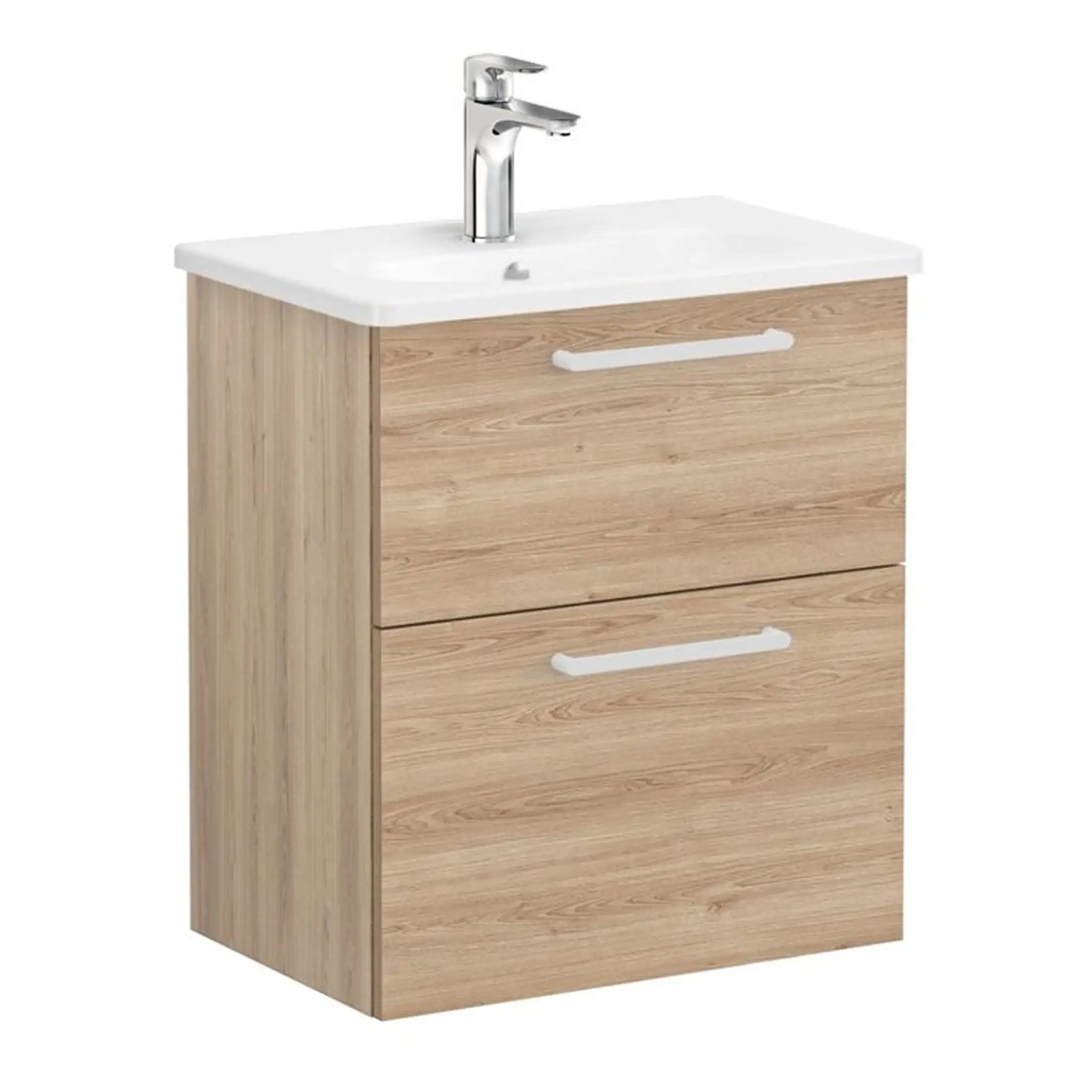 Modern wooden bathroom vanity with integrated sink and chrome tap, ideal for contemporary bathroom designs. Durable, stylish storage solution for bathroom essentials.