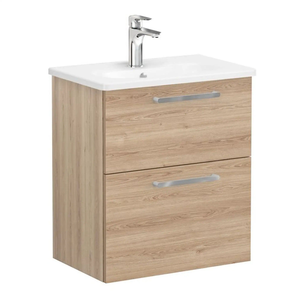 Modern wooden bathroom vanity with integrated sink and chrome faucet, perfect for contemporary bathroom designs. Durable and space-saving storage unit by Bubly Bathrooms.