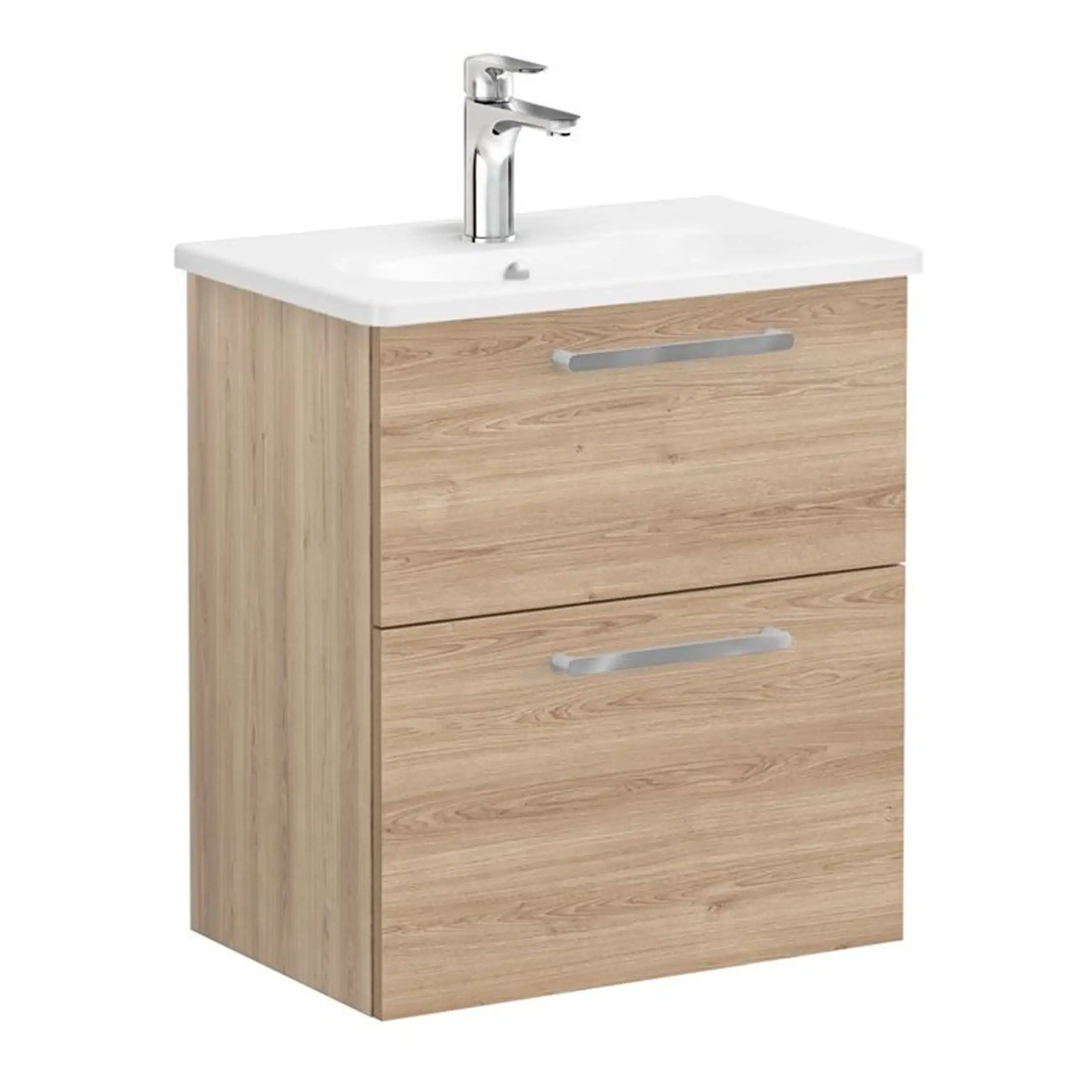 Modern wooden bathroom vanity with integrated sink and chrome faucet, perfect for contemporary bathroom designs. Durable and space-saving storage unit by Bubly Bathrooms.