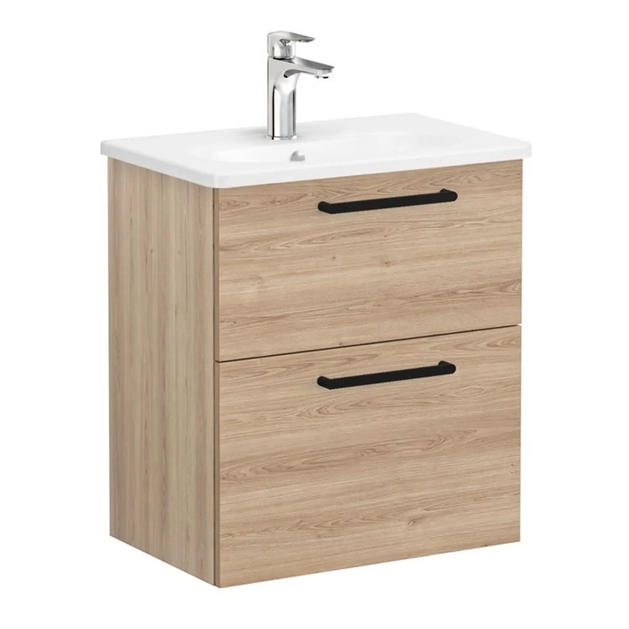 Sleek wooden bathroom vanity unit with integrated sink and chrome faucet, ideal for modern bathroom designs, featuring ample storage with two drawers and black handles for a stylish finish.