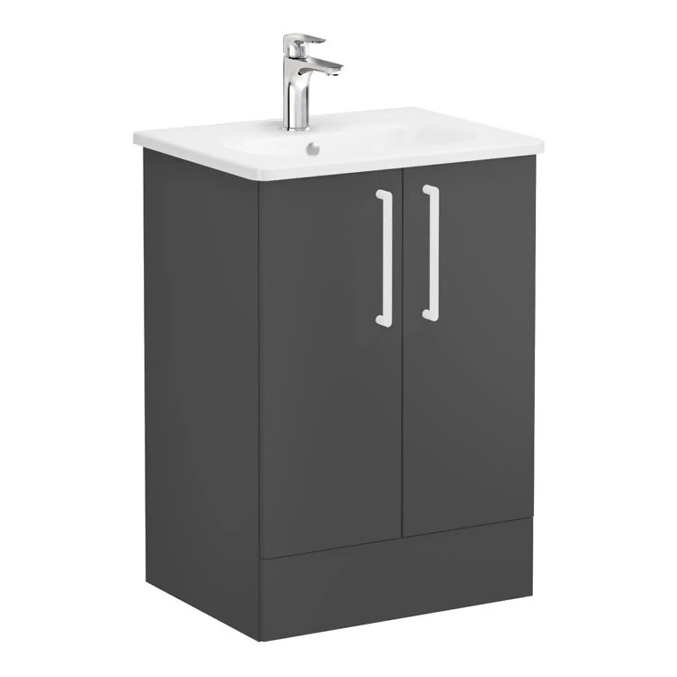 Modern bathroom vanity with grey cabinet and white sink, ideal for stylish and functional bathroom storage solutions.
