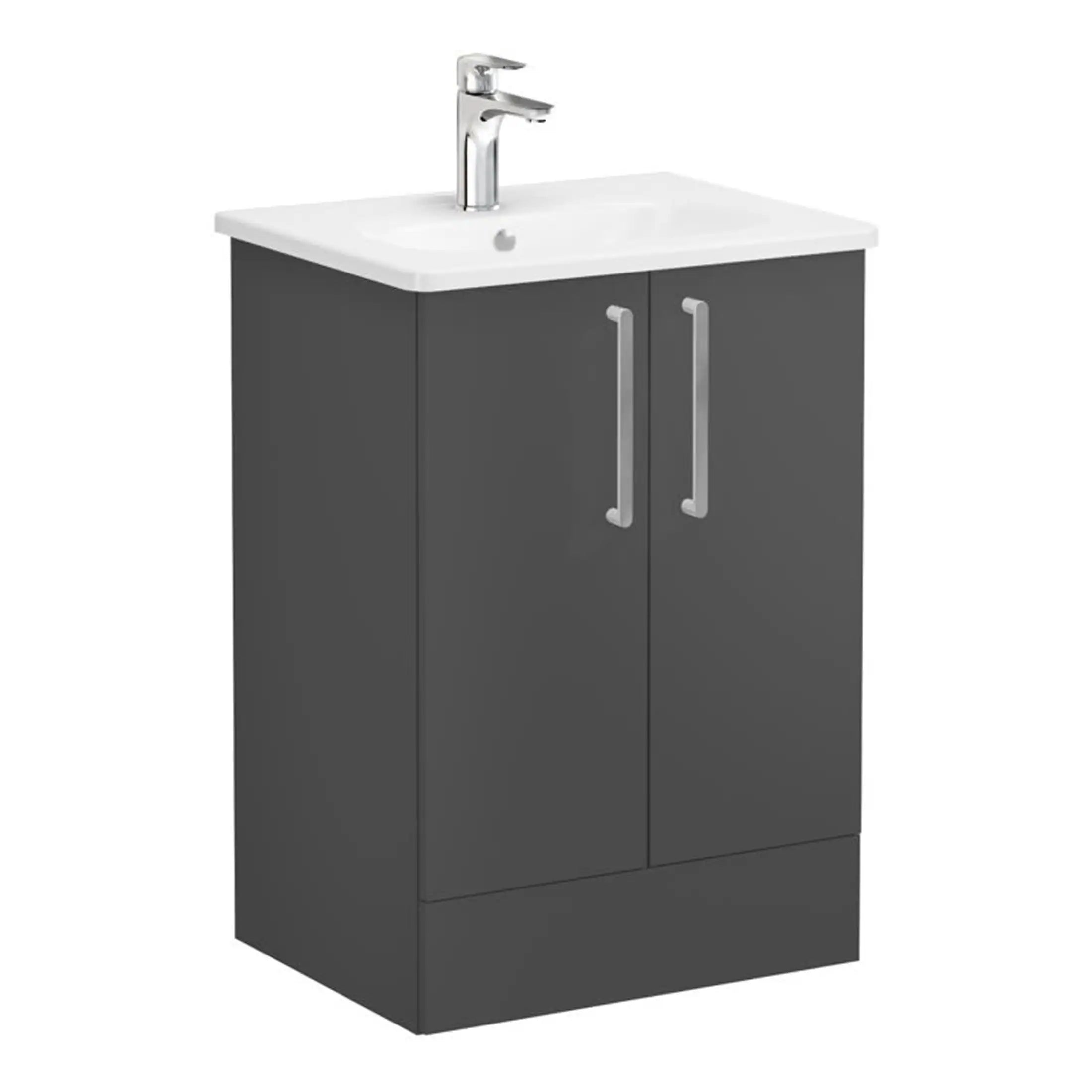 Polished grey bathroom vanity unit with integrated ceramic sink and chrome faucet, ideal for modern bathroom remodels and installations. Perfect for contemporary bathroom storage solutions.