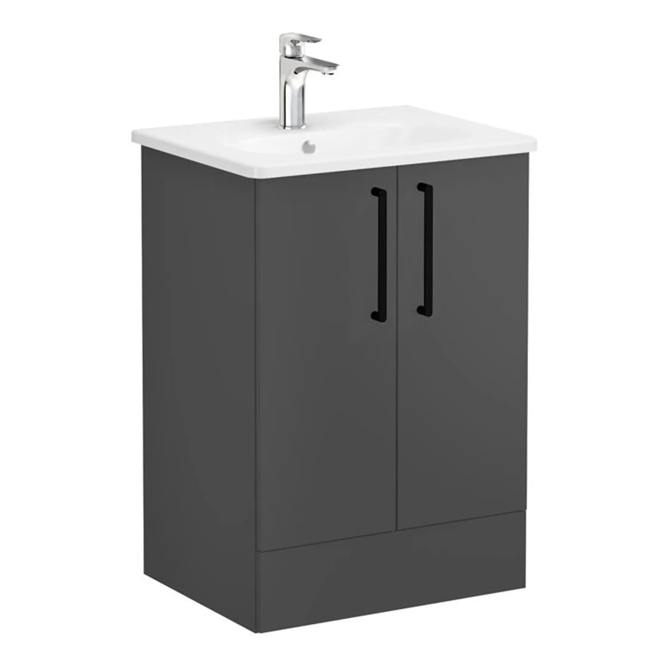 Modern bathroom vanity with grey cabinet and white ceramic sink for stylish bathroom storage solutions.