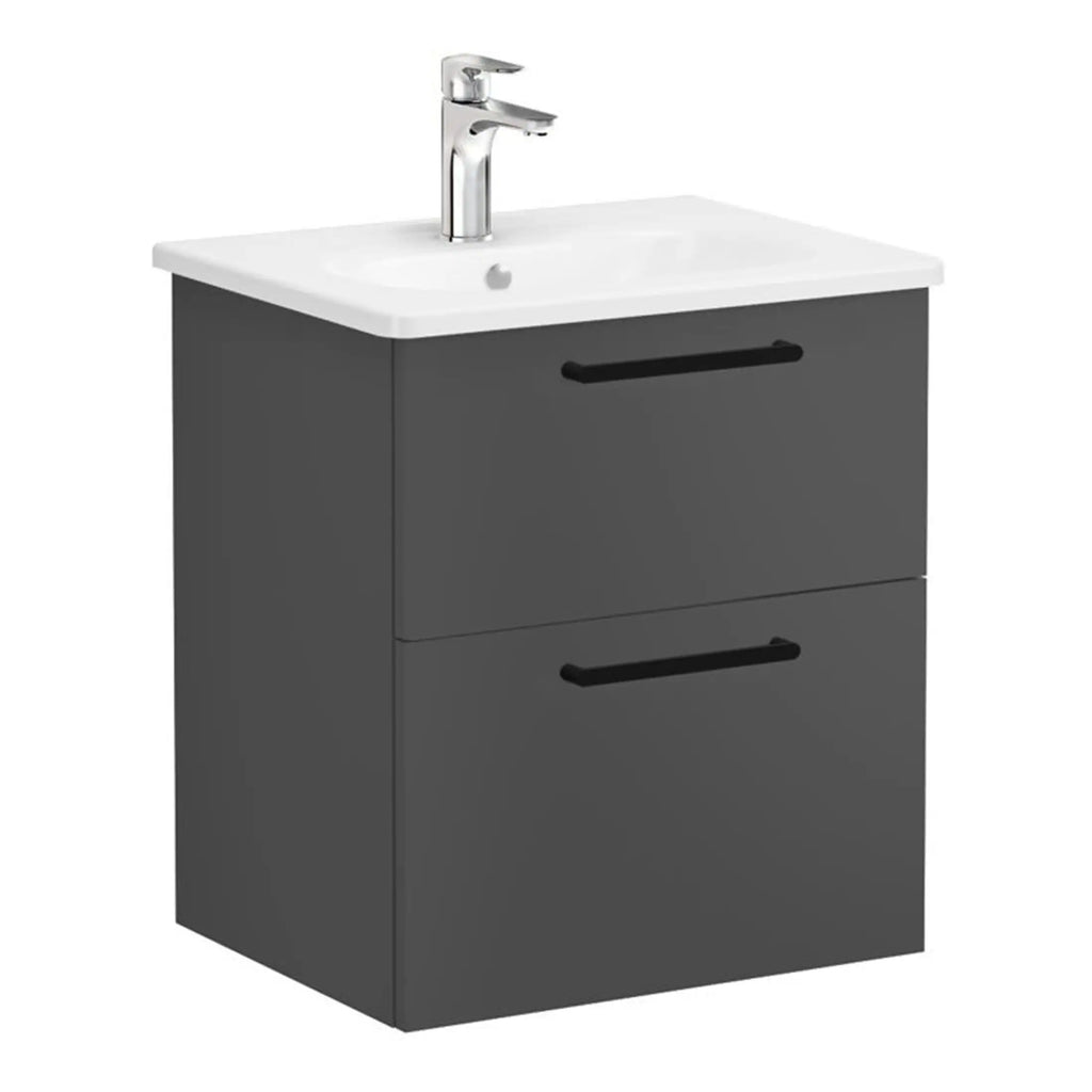 Modern grey bathroom vanity unit with integrated sink and chrome tap, ideal for contemporary bathroom decor. Versatile storage drawers enhance functionality and optimise space.