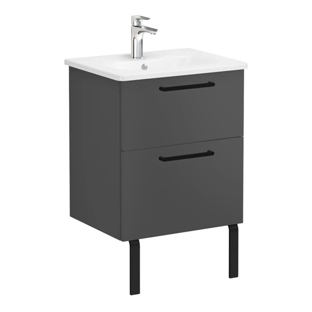 Modern grey bathroom vanity unit with integrated sink and black handles, perfect for contemporary bathroom storage and style.