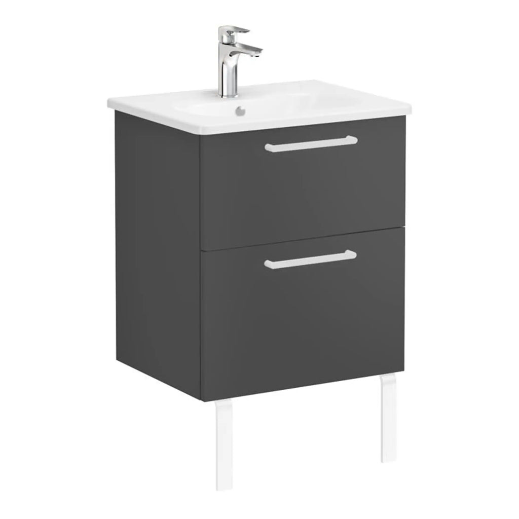 Modern grey bathroom vanity unit with integrated ceramic sink and chrome faucet, ideal for contemporary bathroom storage and style.