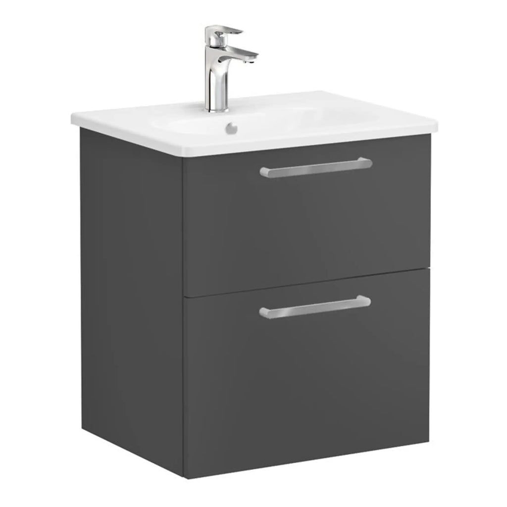 Modern bathroom vanity unit with integrated sink and chrome handles, ideal for contemporary bathroom interiors.