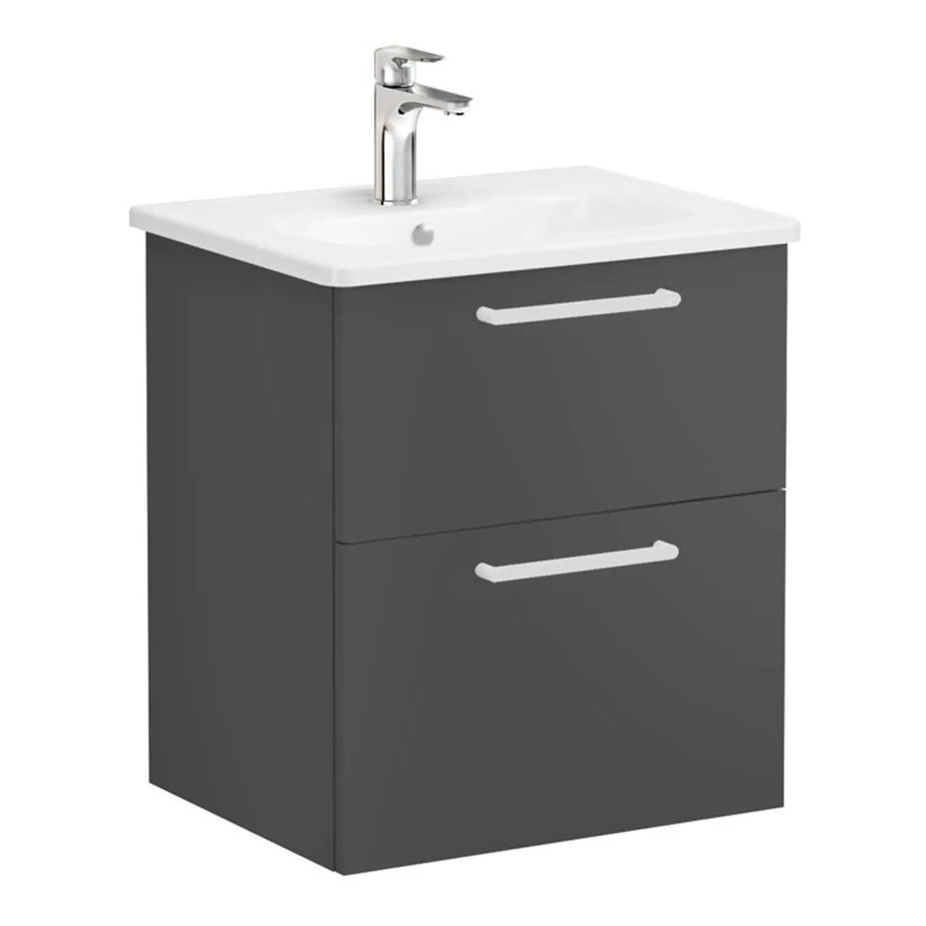 Sleek grey bathroom vanity with integrated white ceramic sink and modern chrome tap, perfect for contemporary bathroom décor.