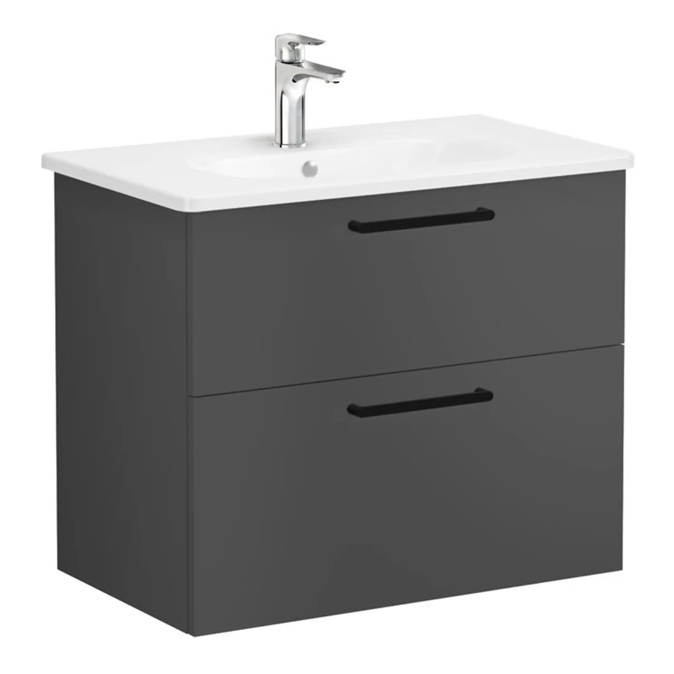 Modern grey bathroom vanity with integrated sink and black handles, ideal for contemporary bathroom design and space-saving storage solutions.