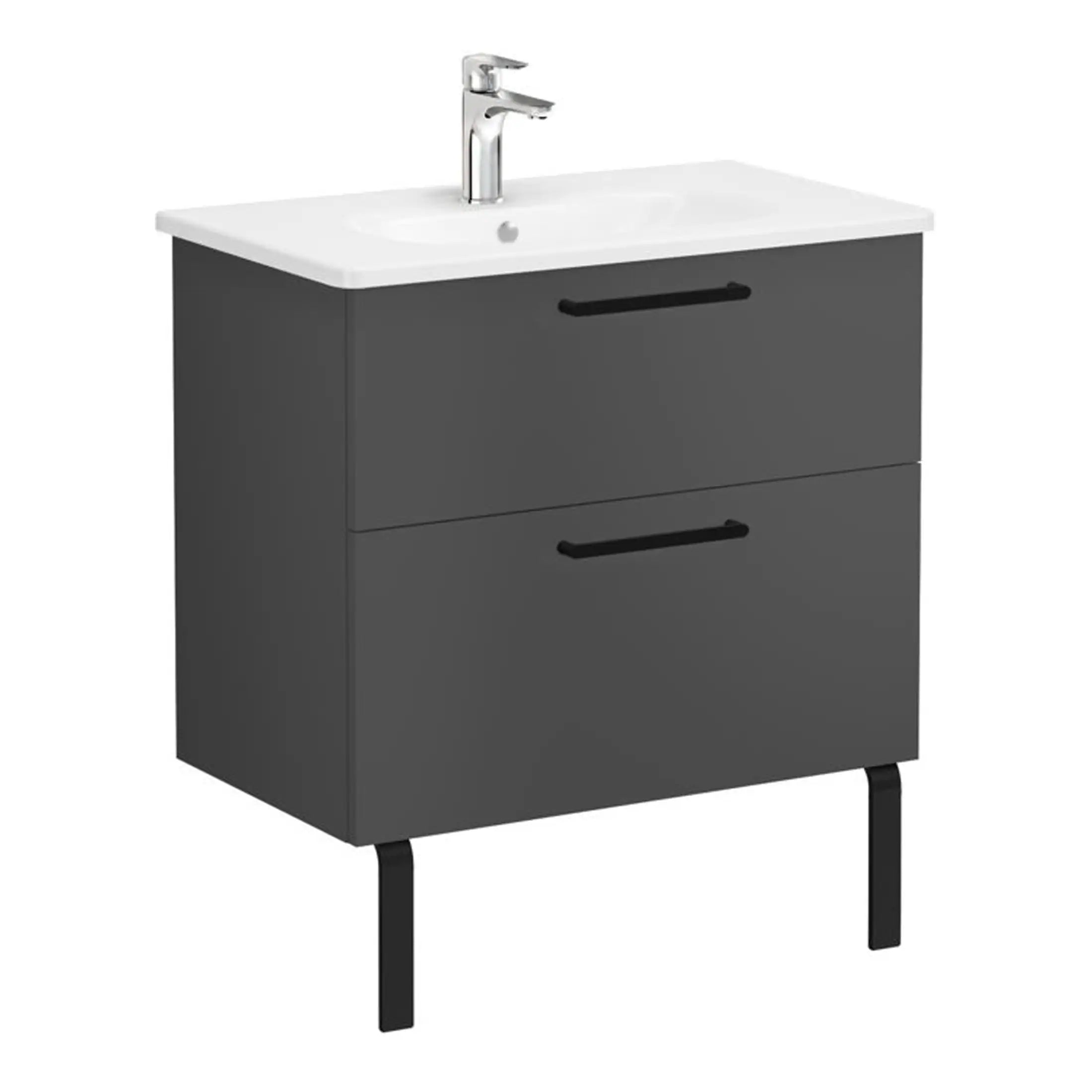Stylish grey bathroom vanity unit with a white ceramic sink and modern chrome faucet, perfect for contemporary bathrooms and bathroom refurbishments.