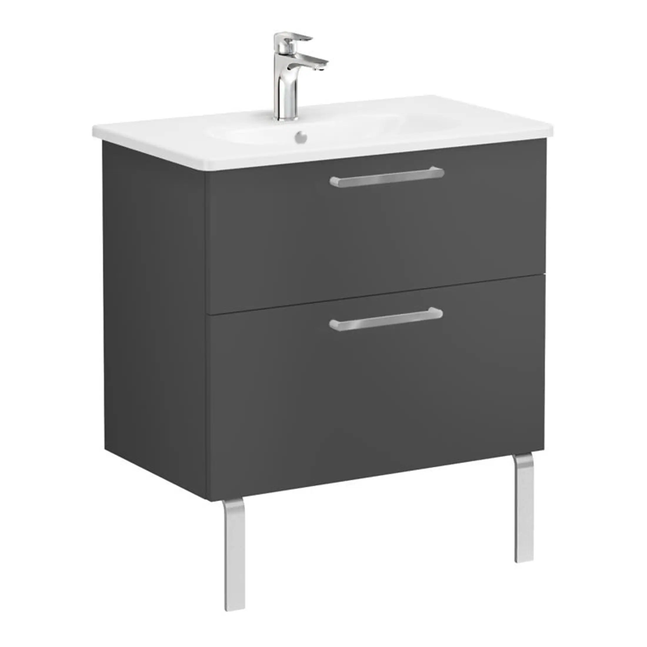 Sleek modern bathroom vanity with a ceramic sink, chrome faucet, and storage drawers, perfect for contemporary bathrooms. Designed for functionality and style in bathroom décor.