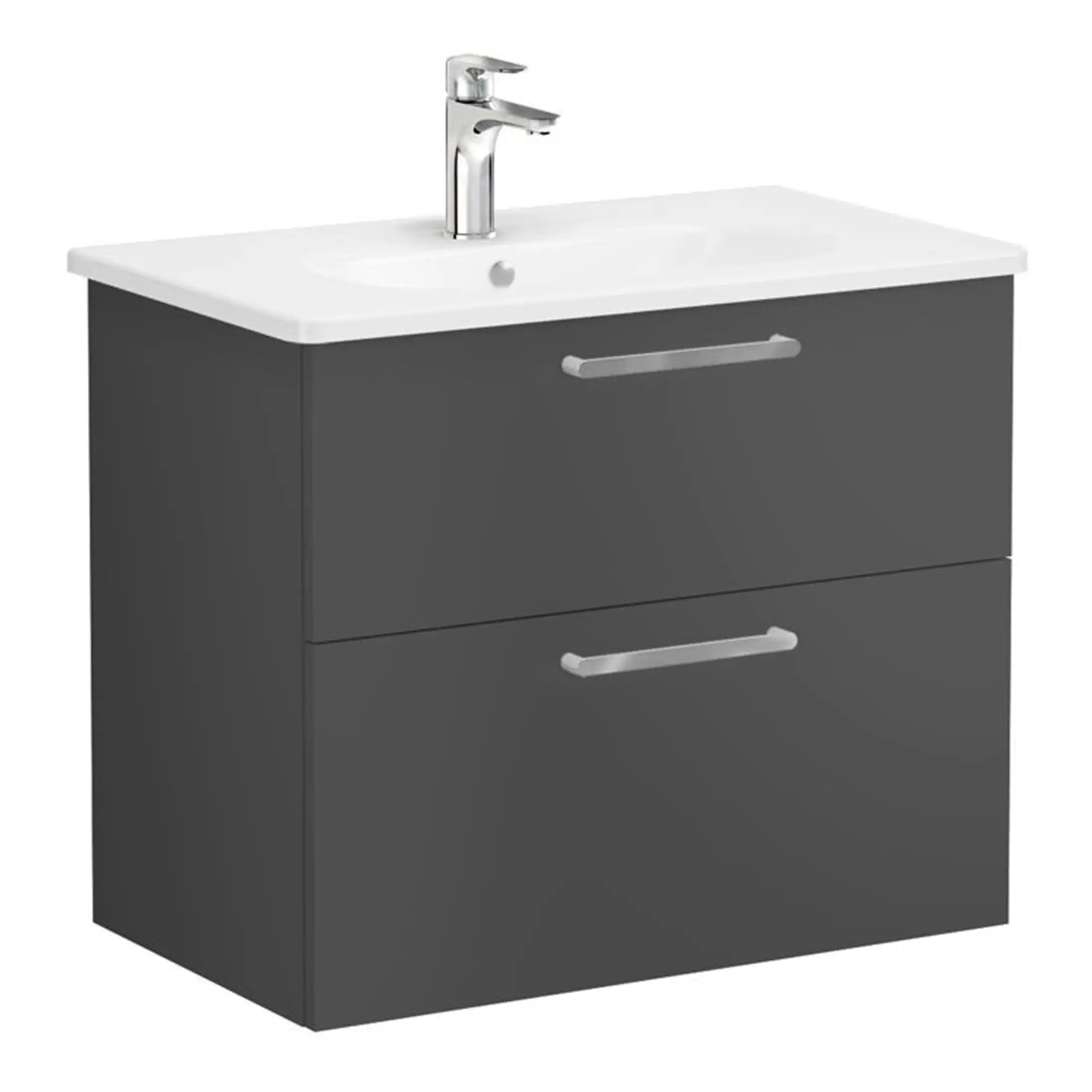 Sleek modern bathroom vanity with a white ceramic sink, chrome faucet, and dark grey cabinet storage, ideal for contemporary bathroom designs and efficient space utilisation.