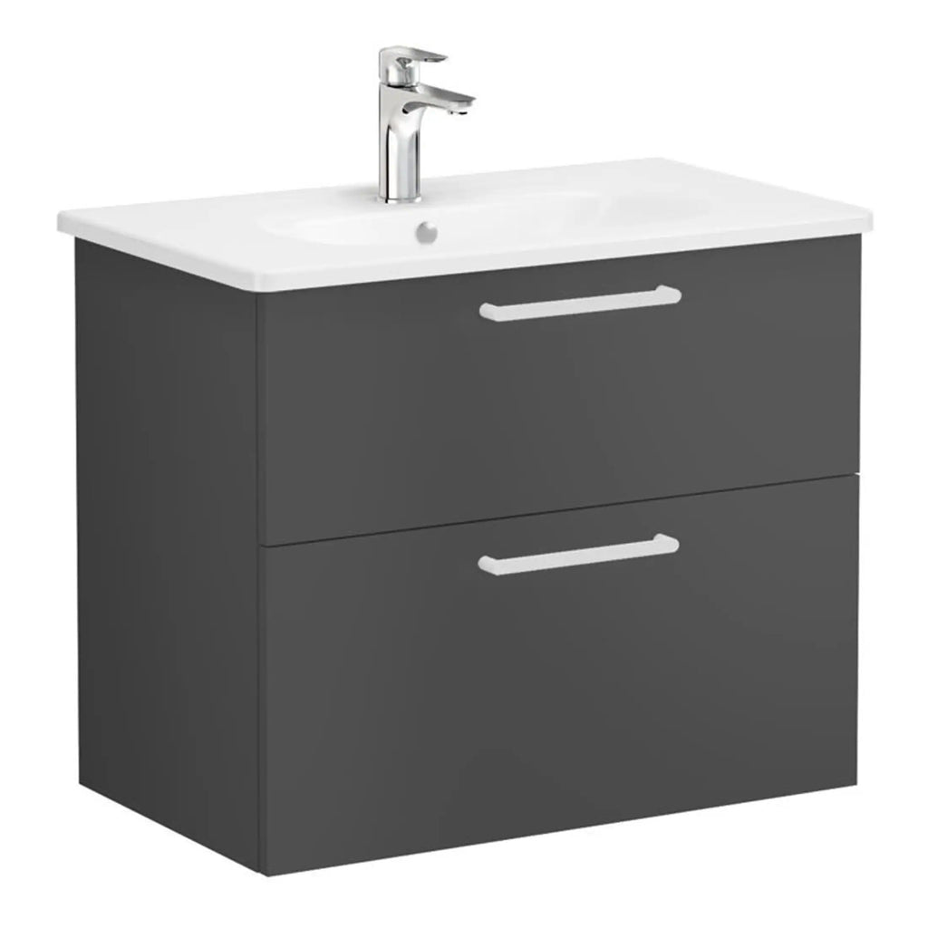 Modern grey bathroom vanity with integrated sink and chrome tap for stylish and functional bathroom storage solutions.